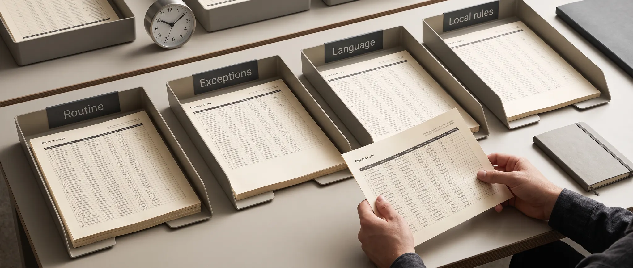 Illustration of process documents sorted into routine, exceptions, language and local-rules trays before choosing a service location.
