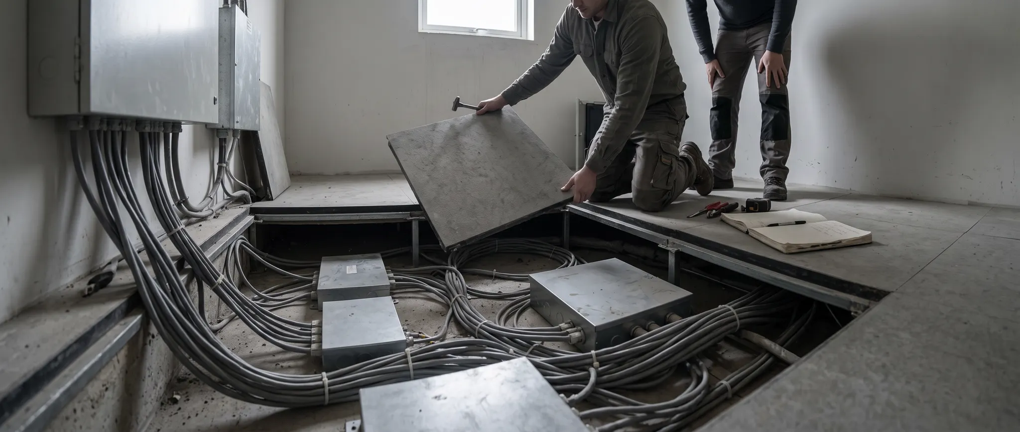 Illustration of technicians examining cable junctions hidden beneath a communications-room floor panel.