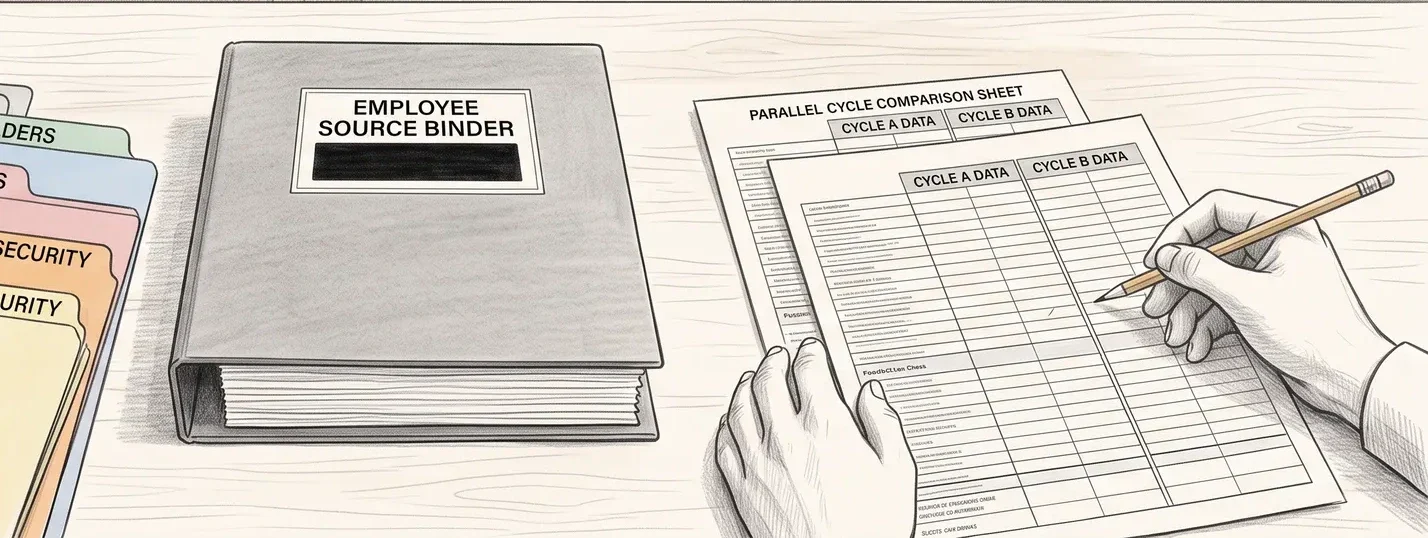 Conceptual illustration of an authoritative employee-source binder and parallel payroll-cycle comparison sheets.