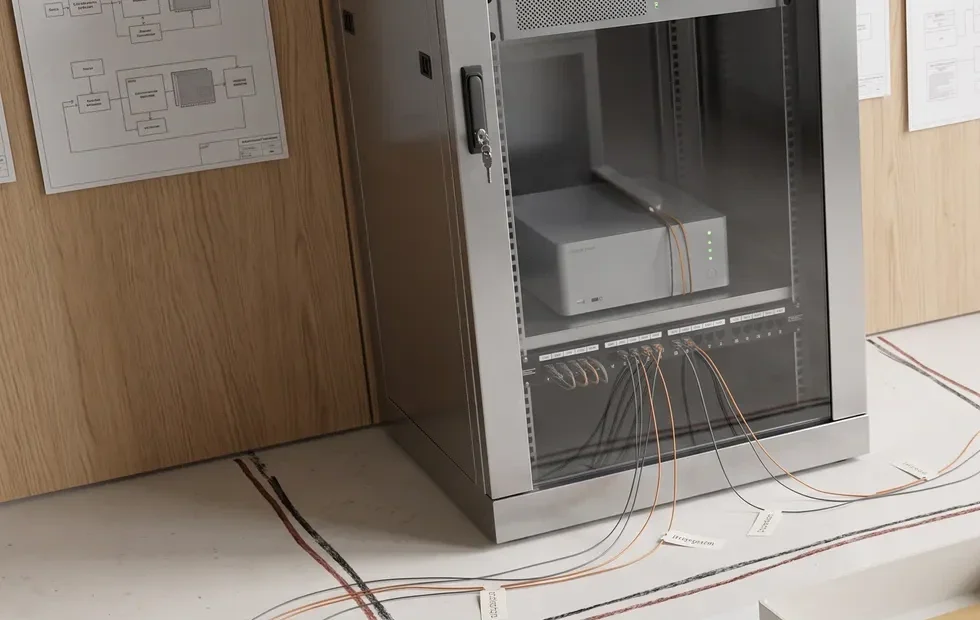 Conceptual self-hosted collaboration server with outbound lines crossing a marked local boundary.