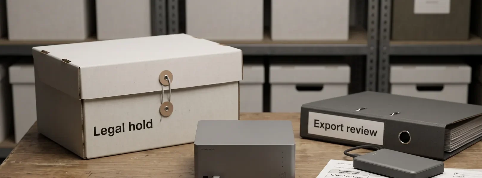 Conceptual collaboration archive with a legal-hold box, small server, backup drive and export-review binder.
