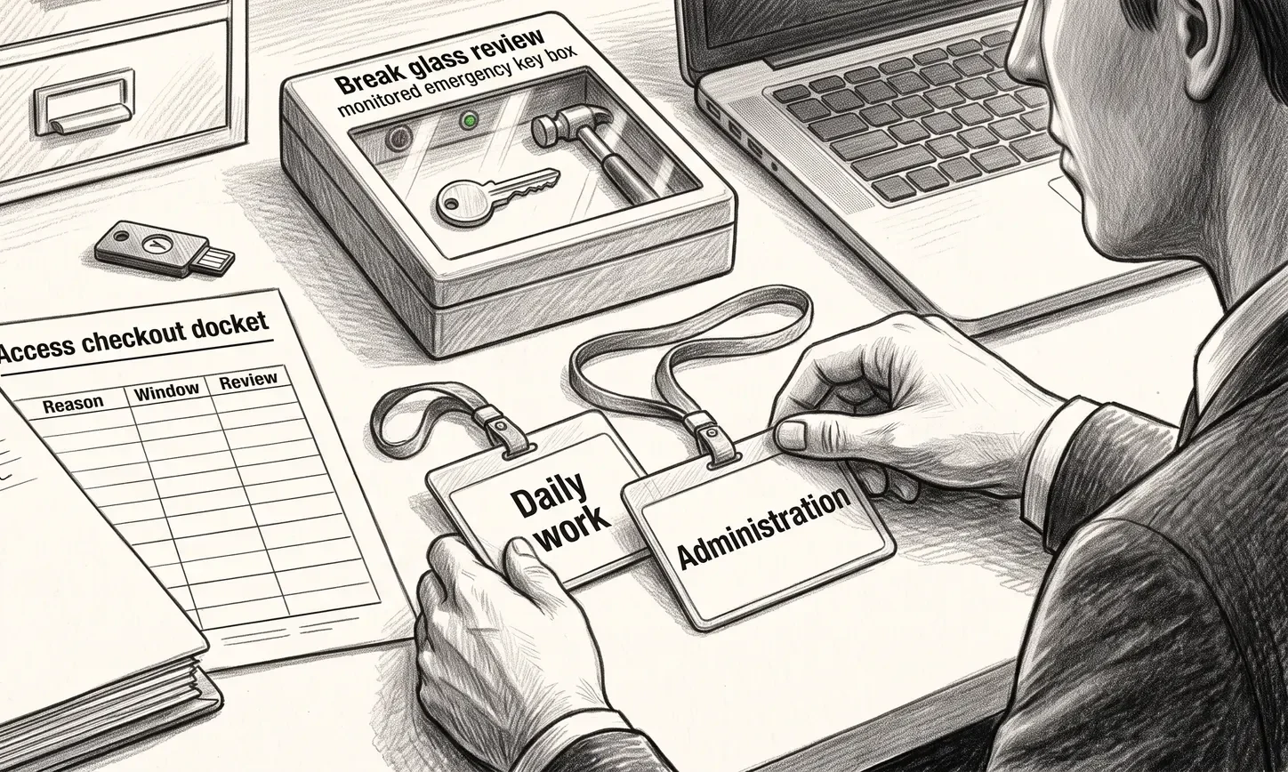 Conceptual graphite illustration of separate daily-work and administration identities beside access-checkout and break-glass review controls.