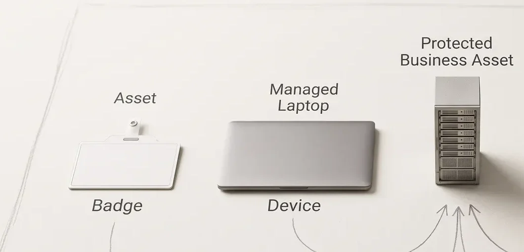 Conceptual access map linking an identity badge and managed laptop to a protected business asset, without credentials or customer details.