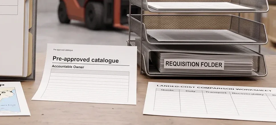Conceptual procurement fast path with a pre-approved catalogue, requisition tray and blank landed-cost comparison worksheet.