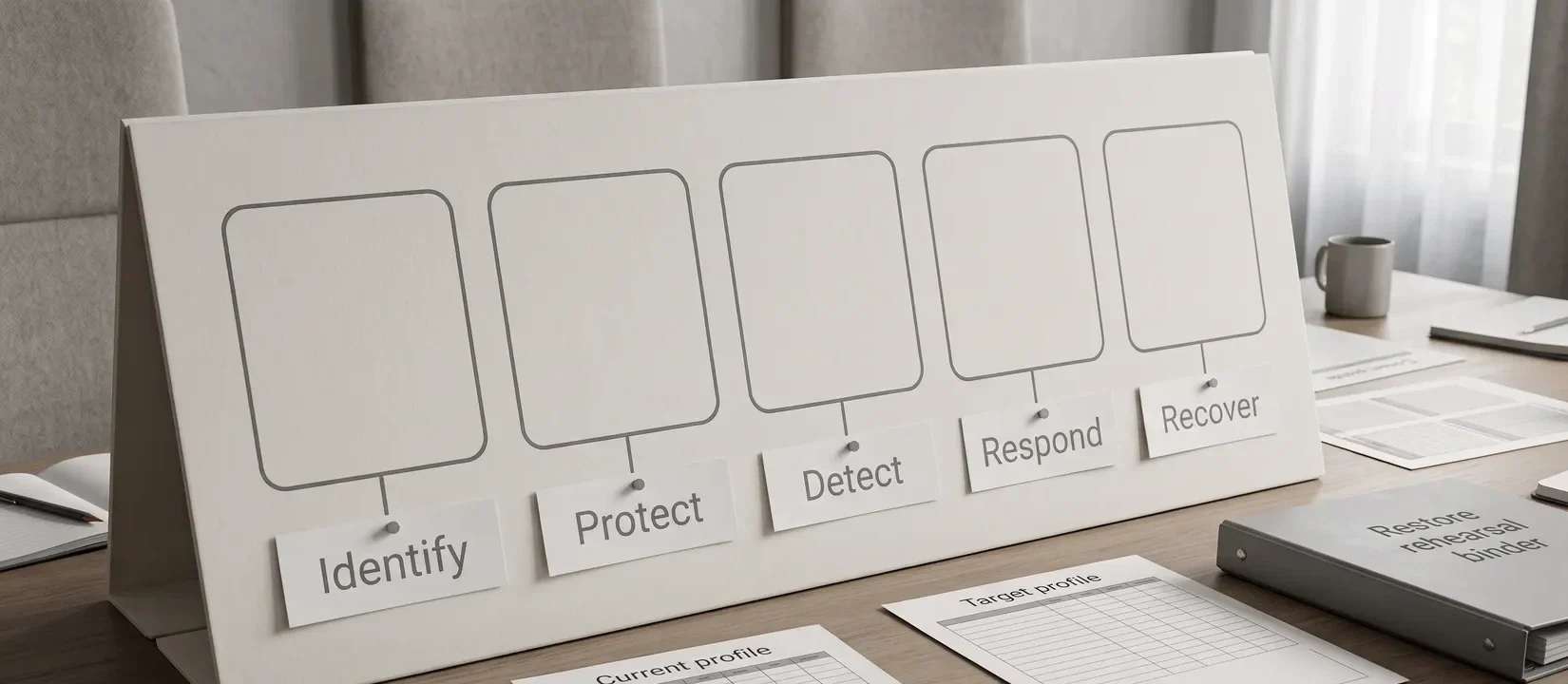 Conceptual historical CSF1.x workshop board with Identify, Protect, Detect, Respond and Recover, beside current and target profile sheets.