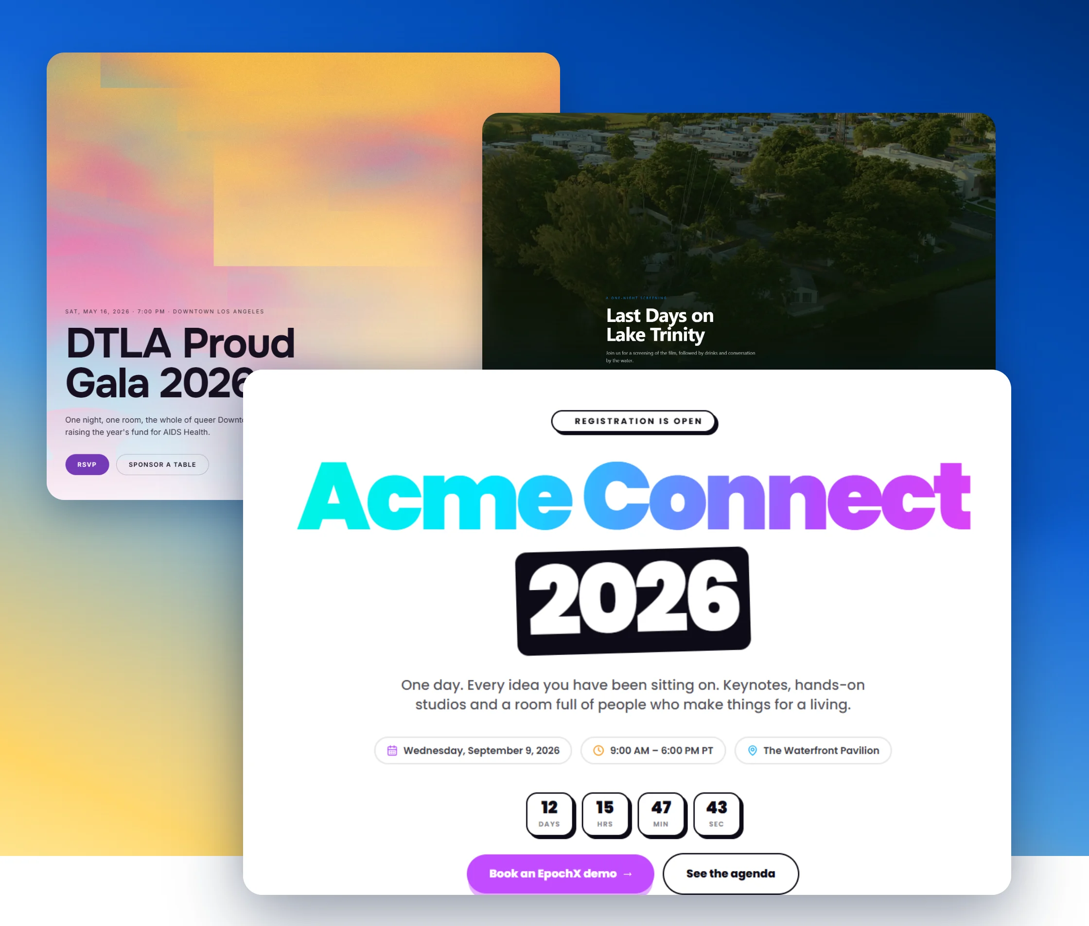 Examples of polished event registration pages created with EpochX