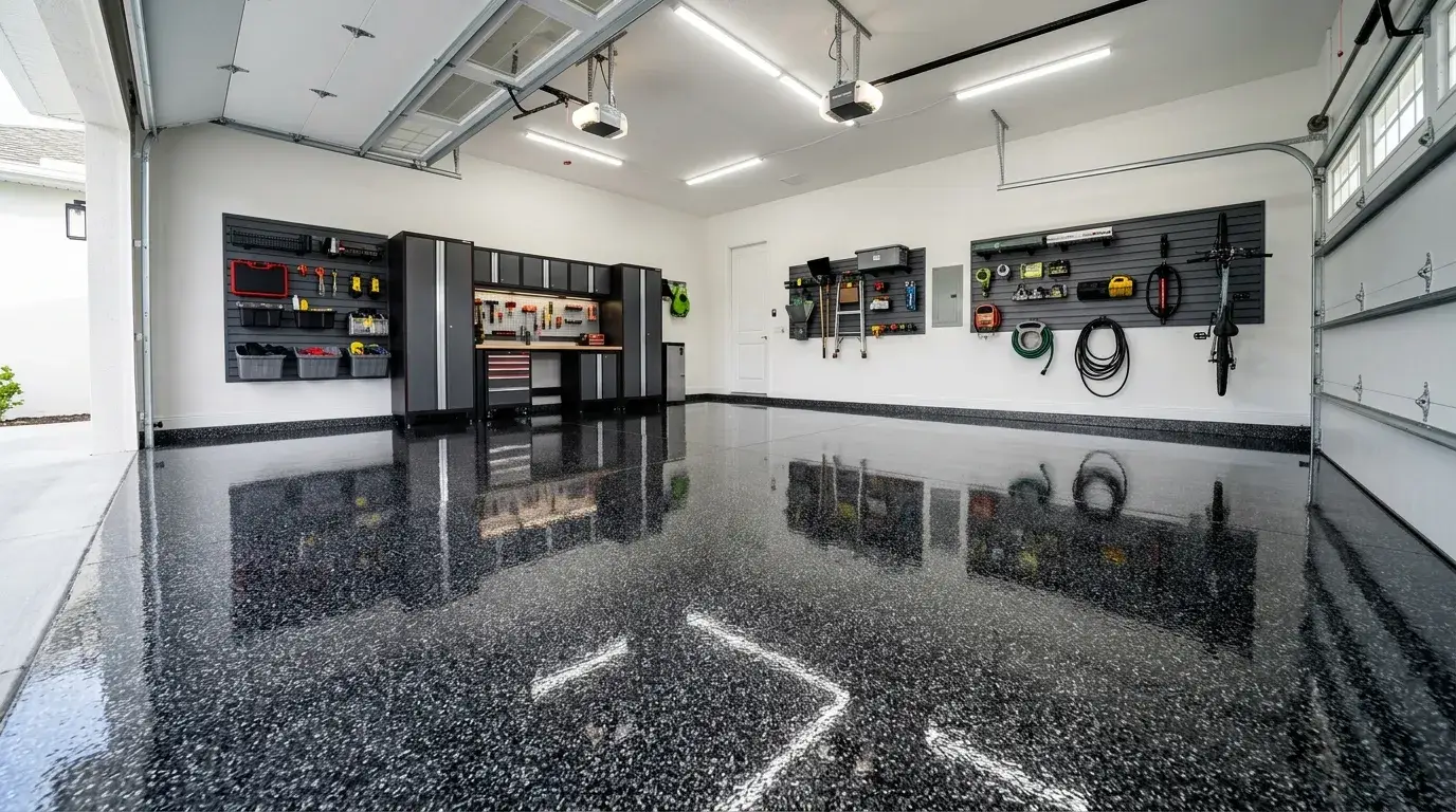 Beautiful epoxy garage floor with decorative flake finish
