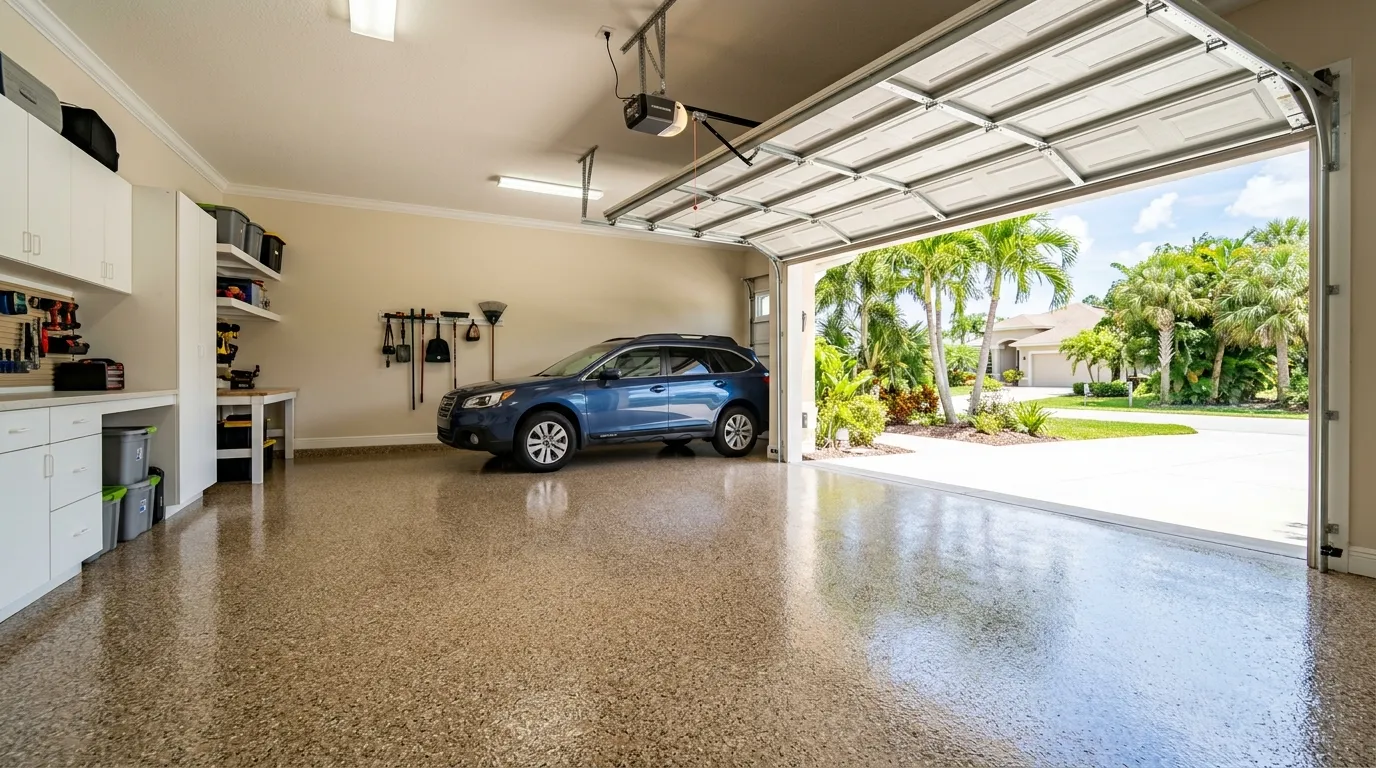 Garage with a glossy tan flake floor and an open door