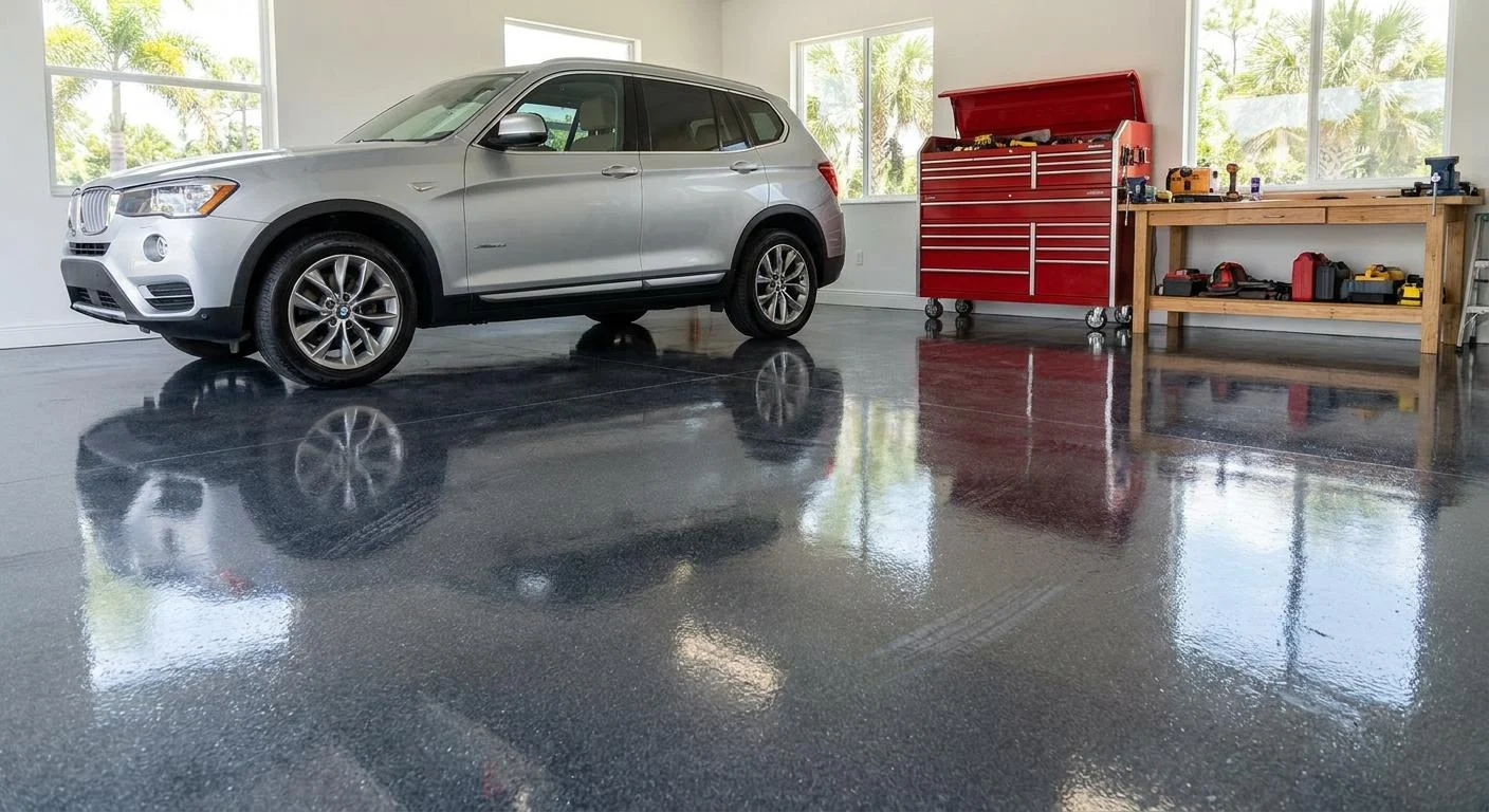 Silver SUV on a glossy dark gray flake garage floor