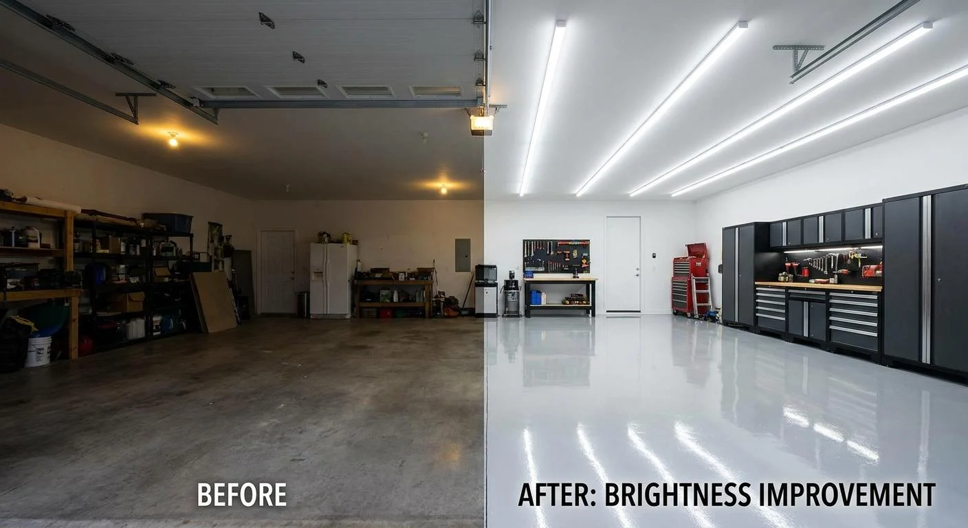 Before and after of a dim bare garage and a bright white epoxy garage