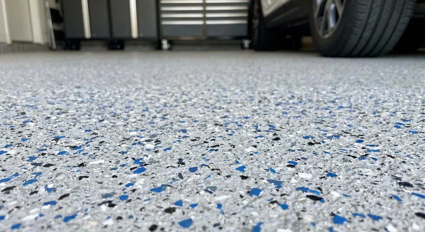 Close-up of gray flake garage floor with blue and black chips