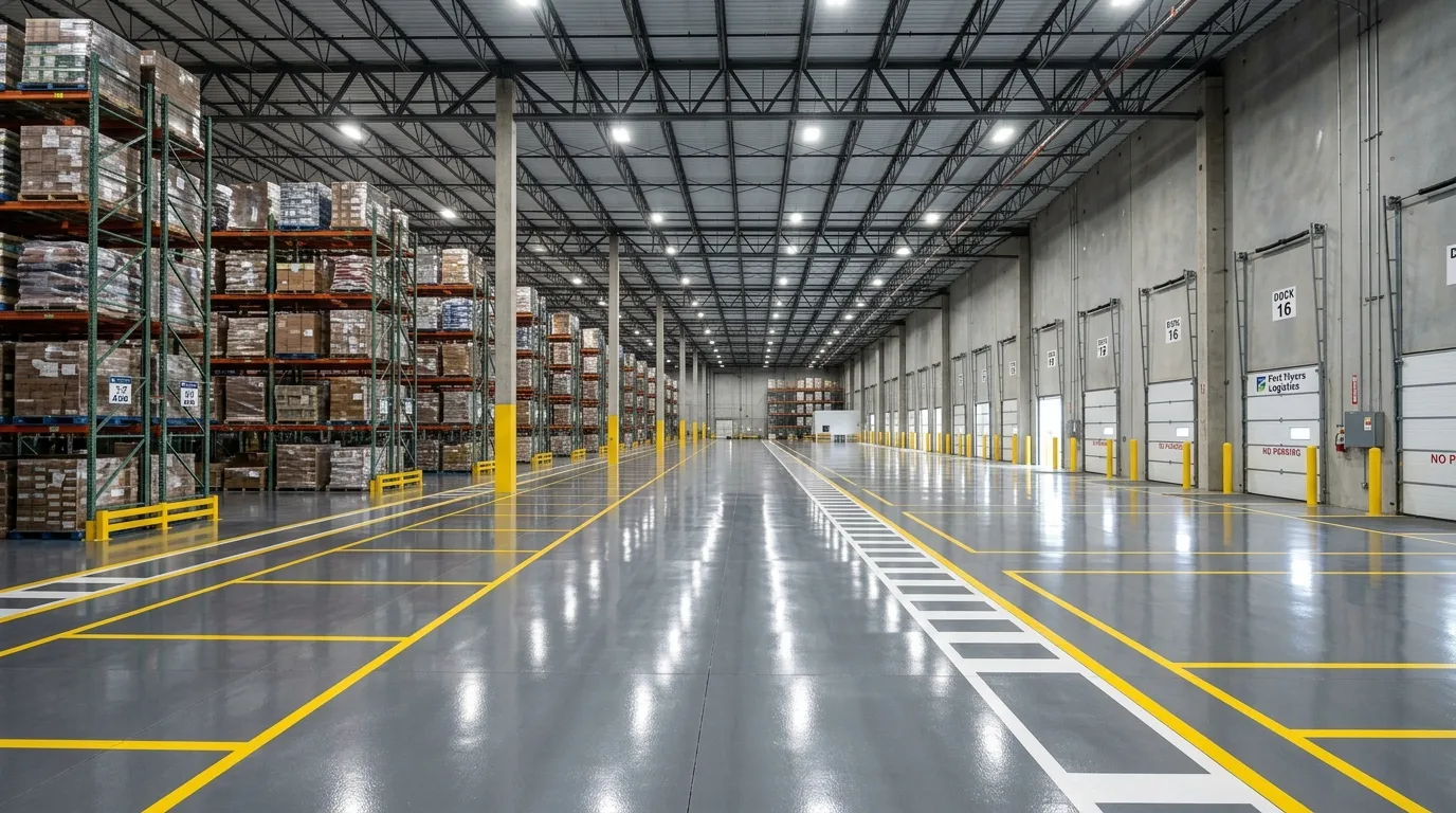 Warehouse floor with yellow and white aisle striping and loading dock doors