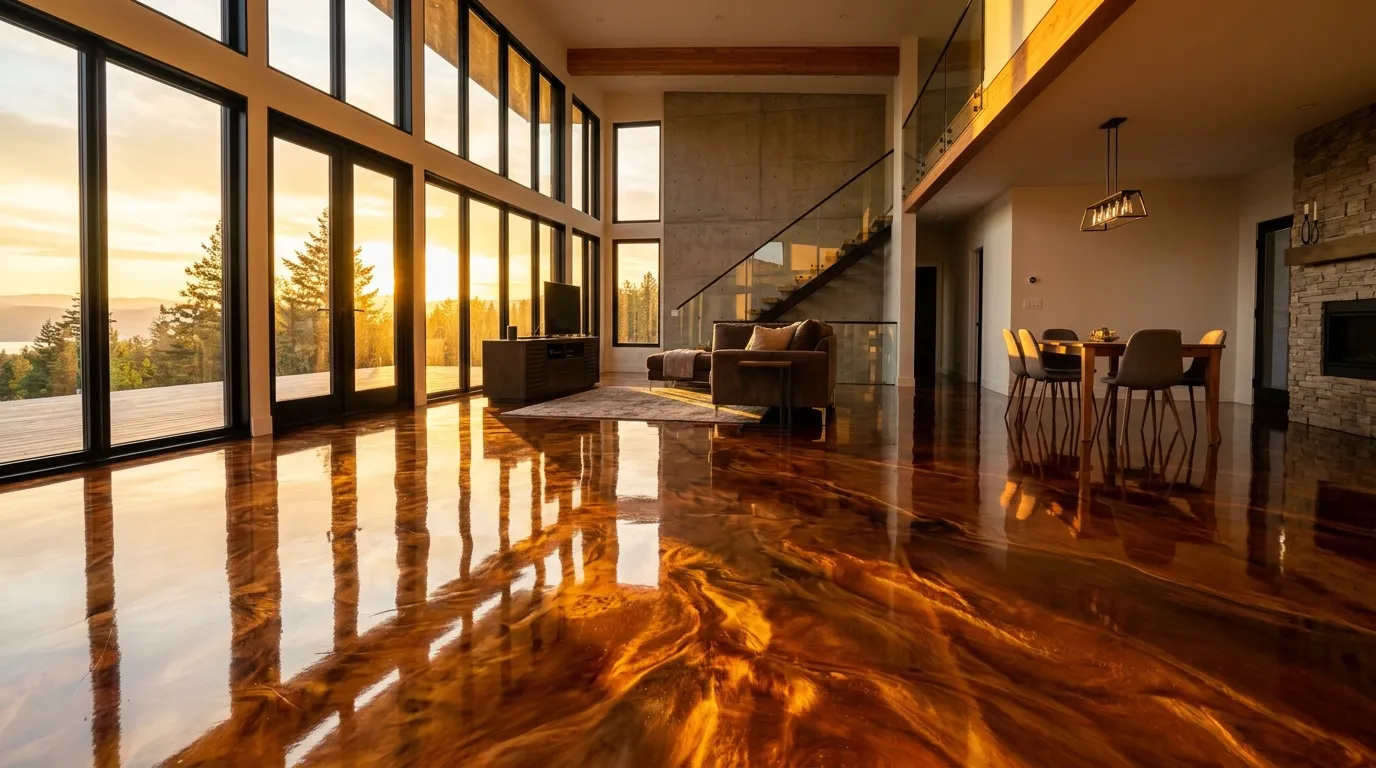 Freshly coated epoxy floor with a glossy finish