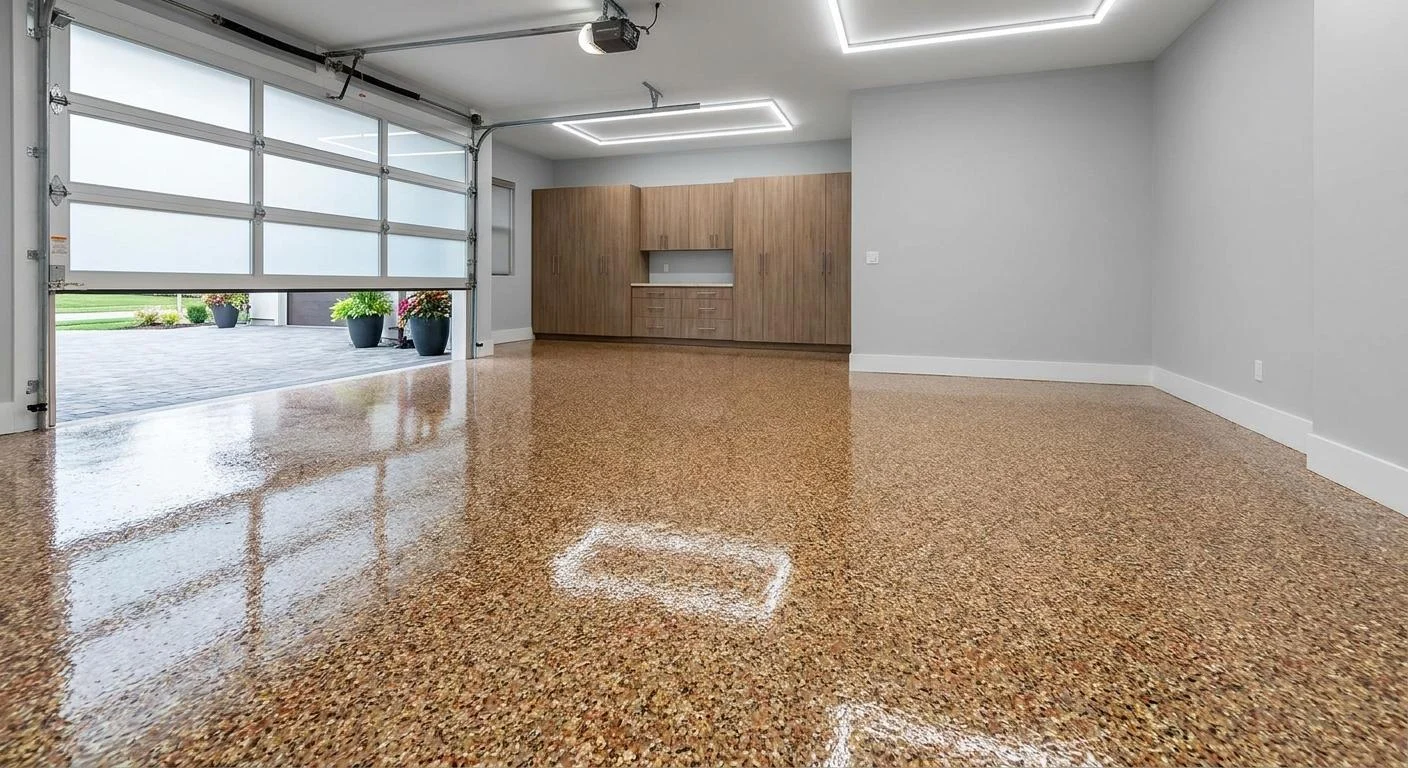 Glossy tan flake epoxy floor in a bright, empty garage