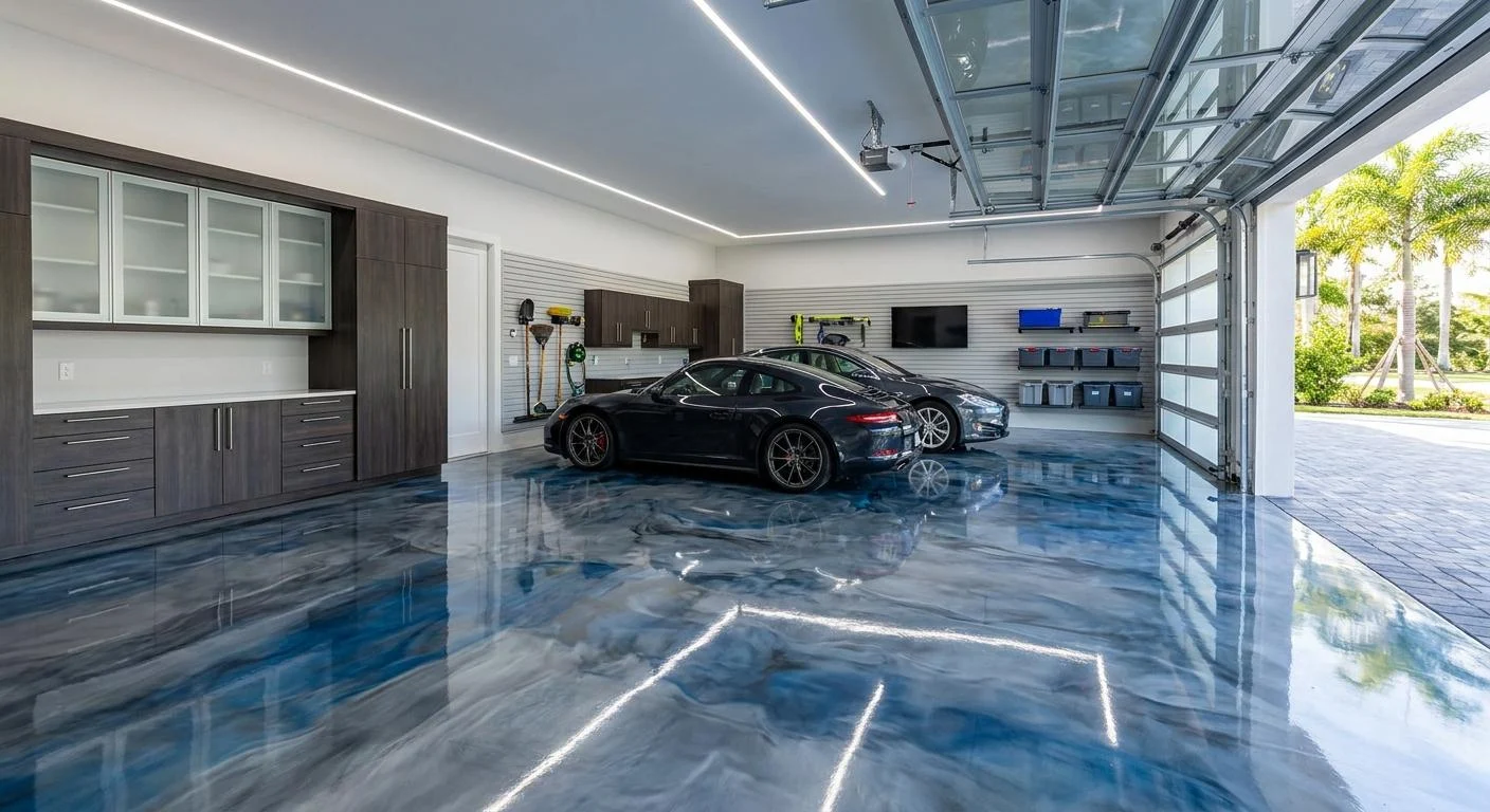 Blue metallic epoxy garage floor with sports cars and cabinets