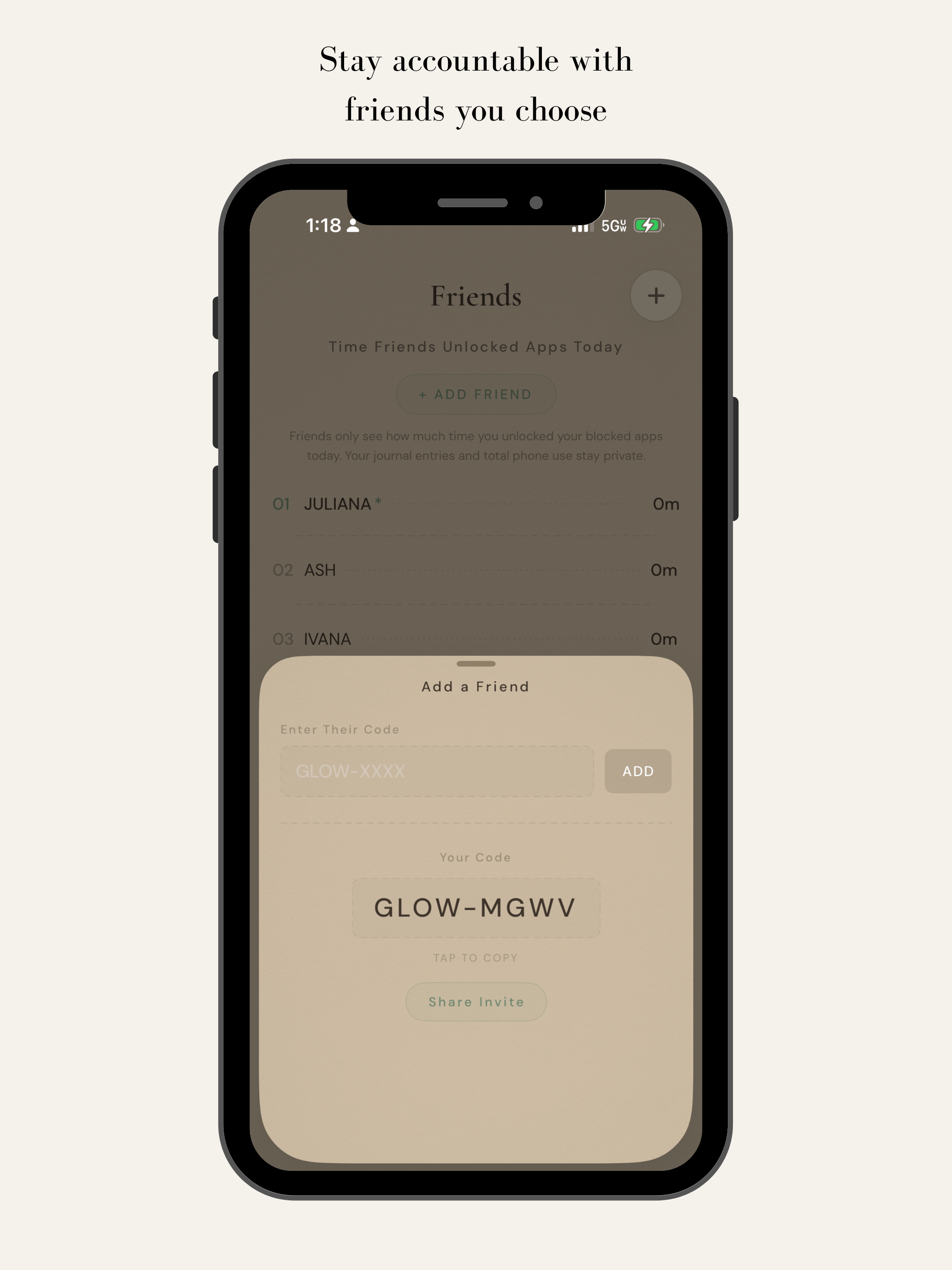 Glowlock friends screen showing how much time friends unlocked their blocked apps today