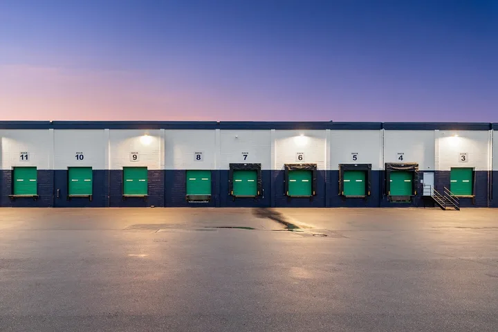 Numbered WareSpace loading docks at twilight