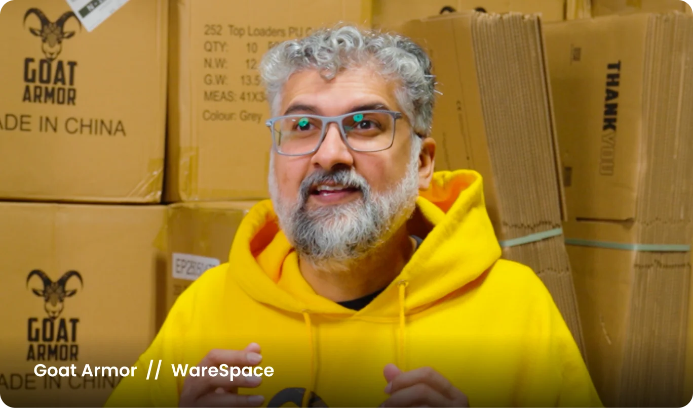 Sunny Sultani of Goat Armor inside his WareSpace unit with branded shipping cartons