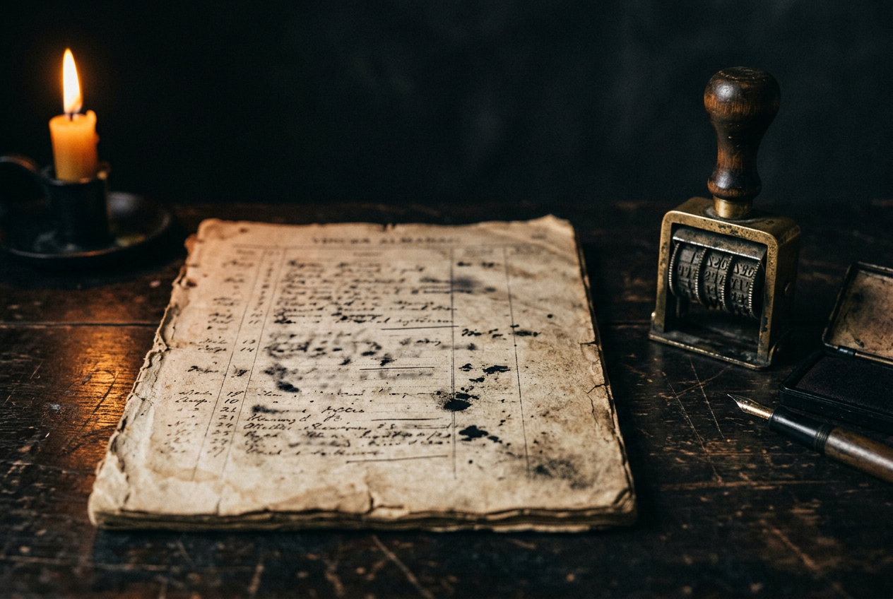 Almanaque antiguo y sello fechador de latón a la luz de una vela
