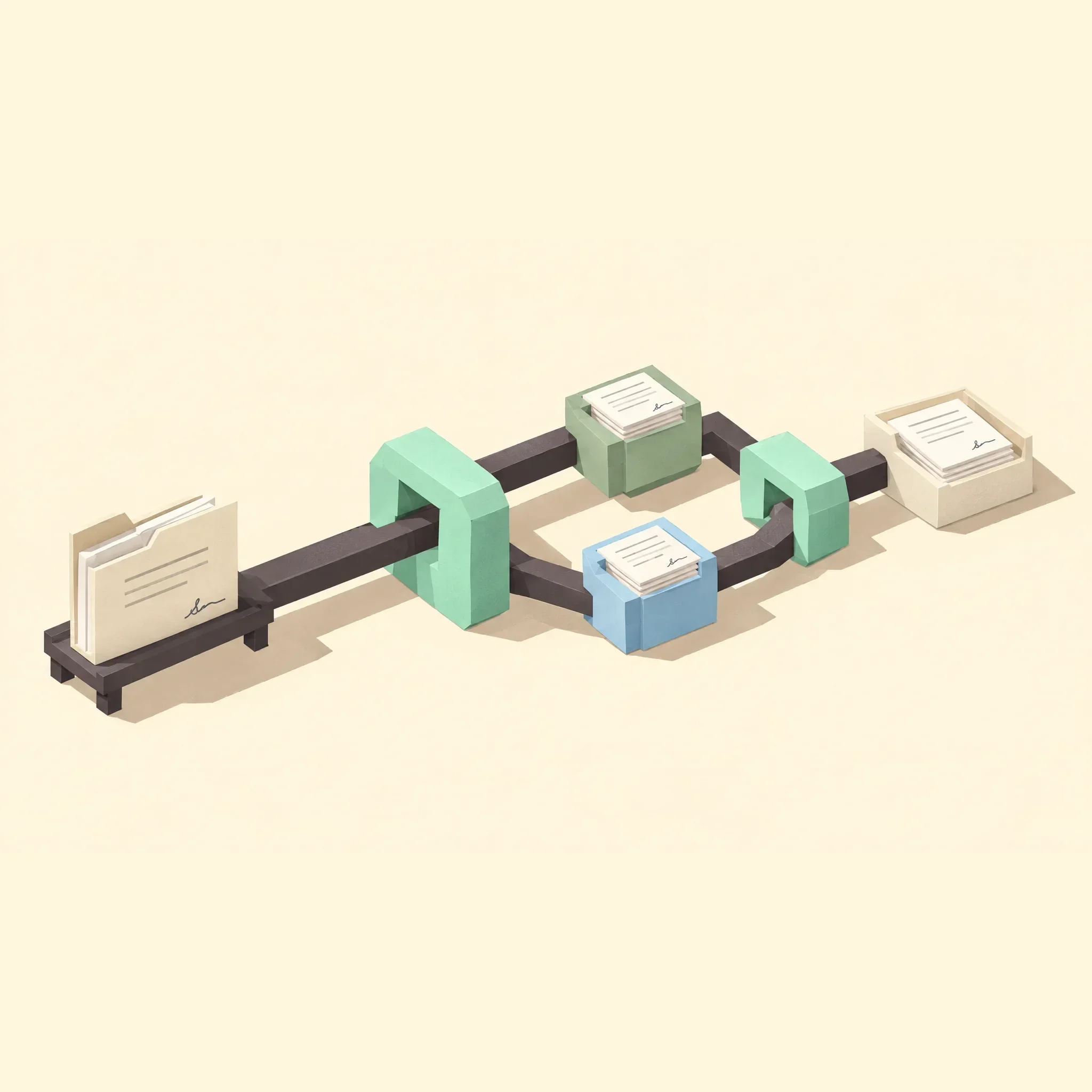 Isometric illustration of a contract folder following a configurable approval path through connected workflow blocks.