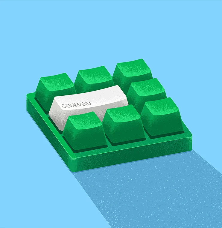 Green dimensional keyboard with a white Command key representing workflow automation