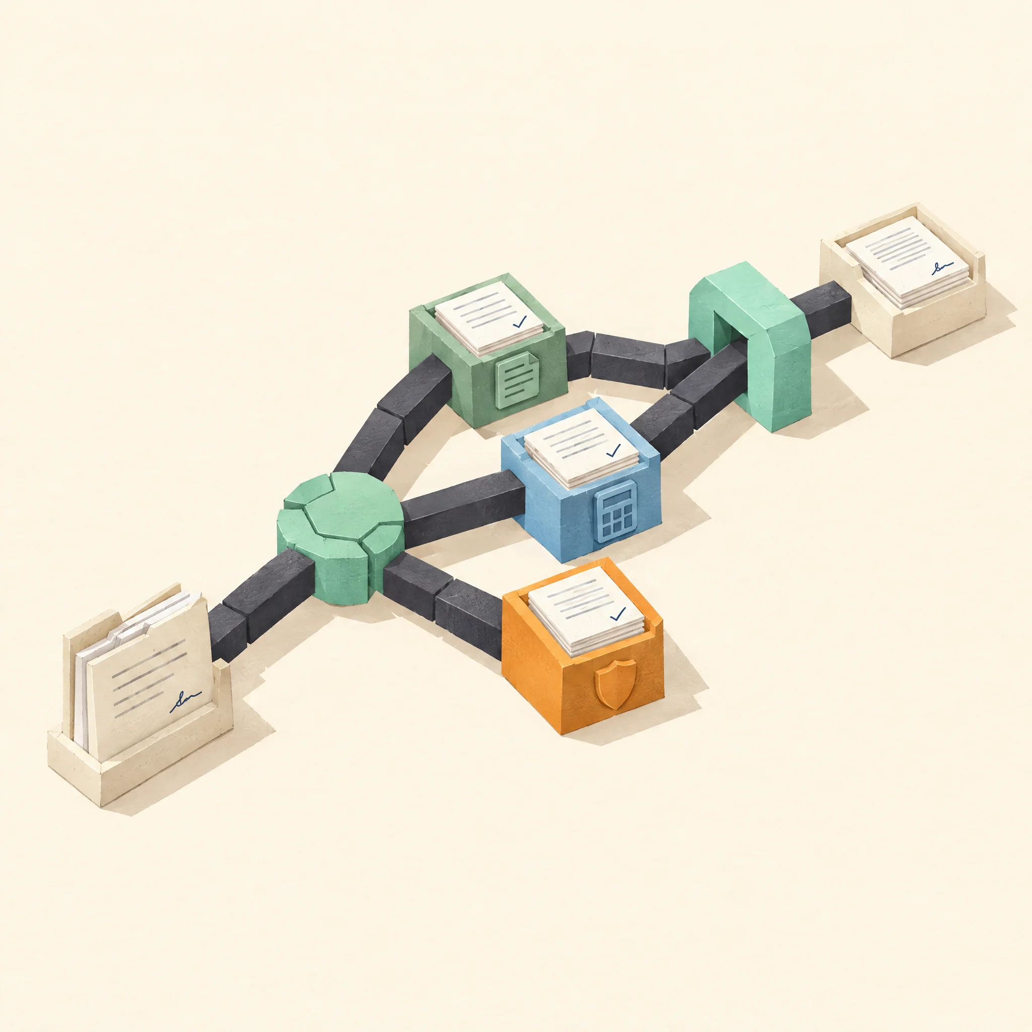 A contract branches through legal, finance and specialist review checkpoints before reaching a shared release gate.