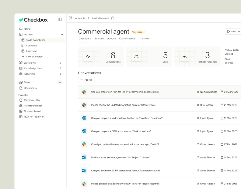 Checkbox commercial agent dashboard showing structured legal intake conversations