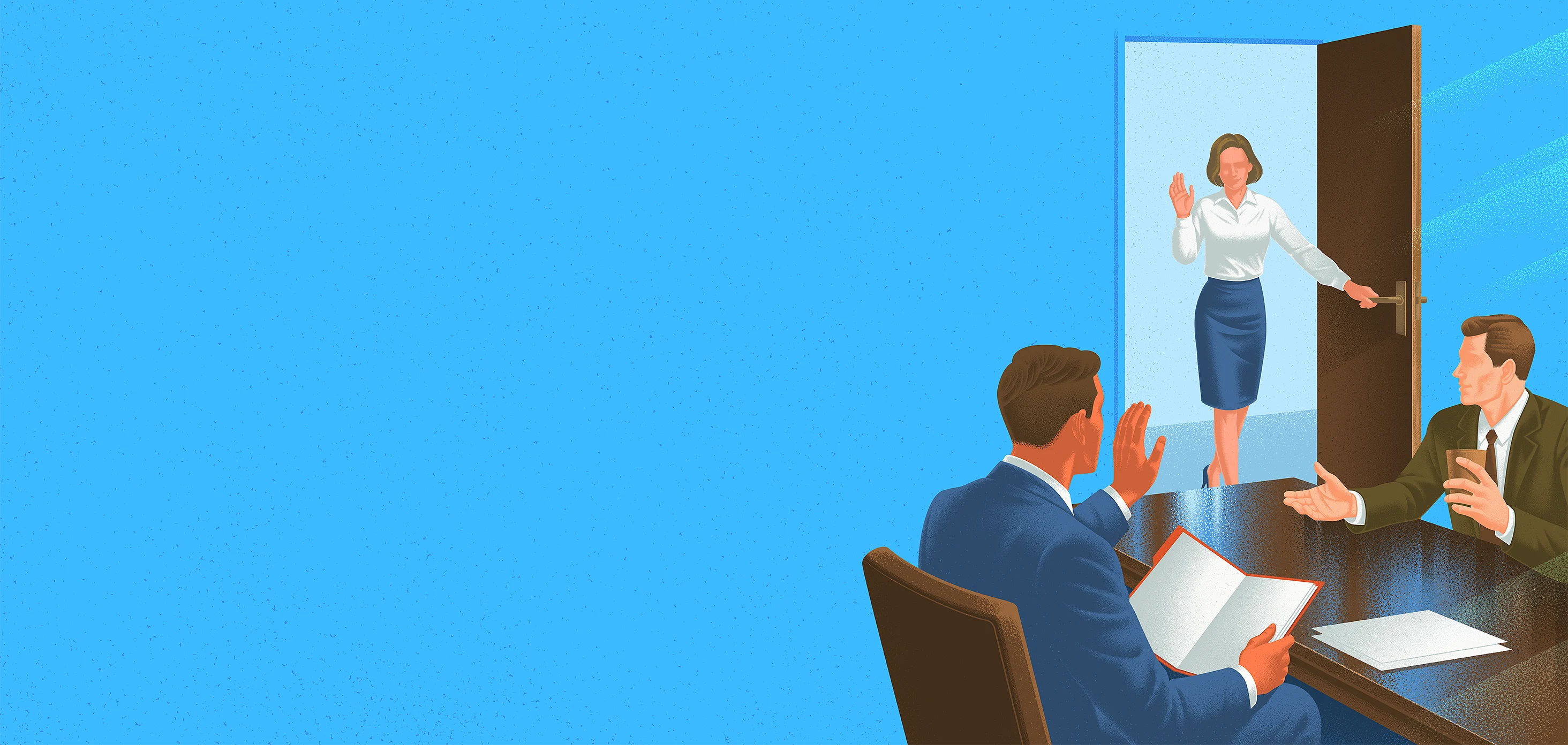 In-house legal leaders meeting as a colleague enters through the legal front door.