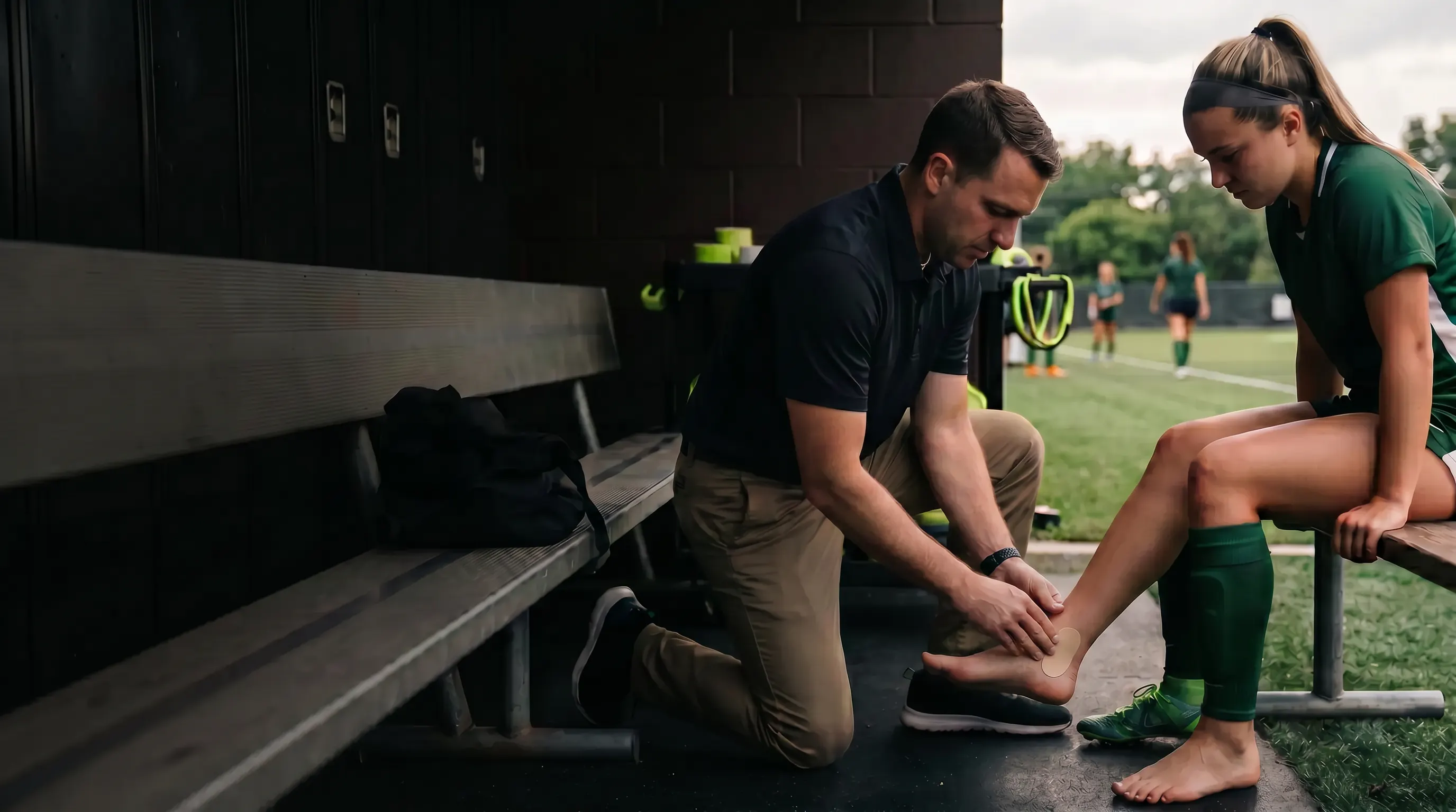 Athletic trainer applying an oval moleskin patch to intact skin on an athlete's bare heel before practice