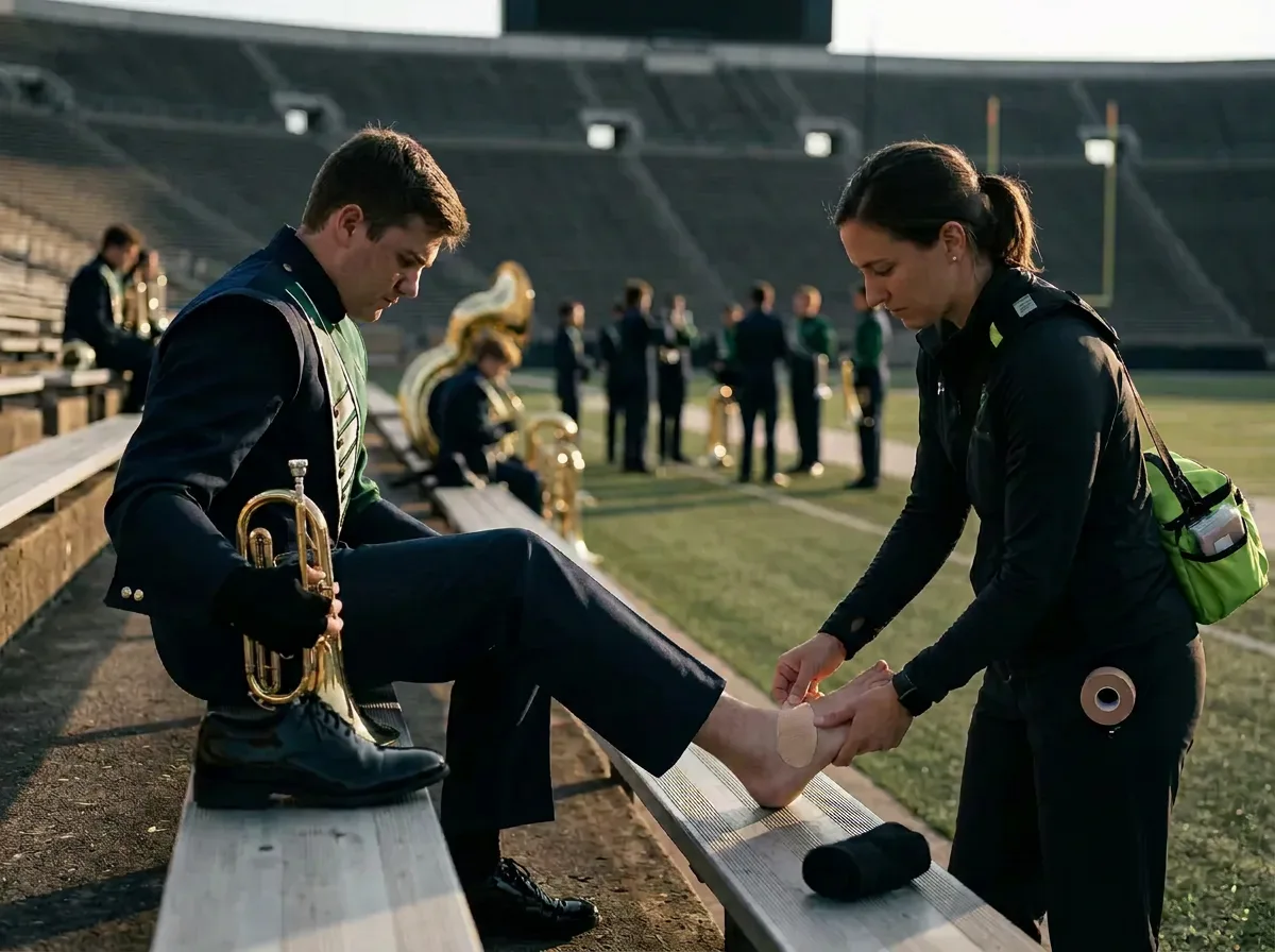 Athletic trainer applying an oval moleskin patch to a marching band member's bare heel before field rehearsal