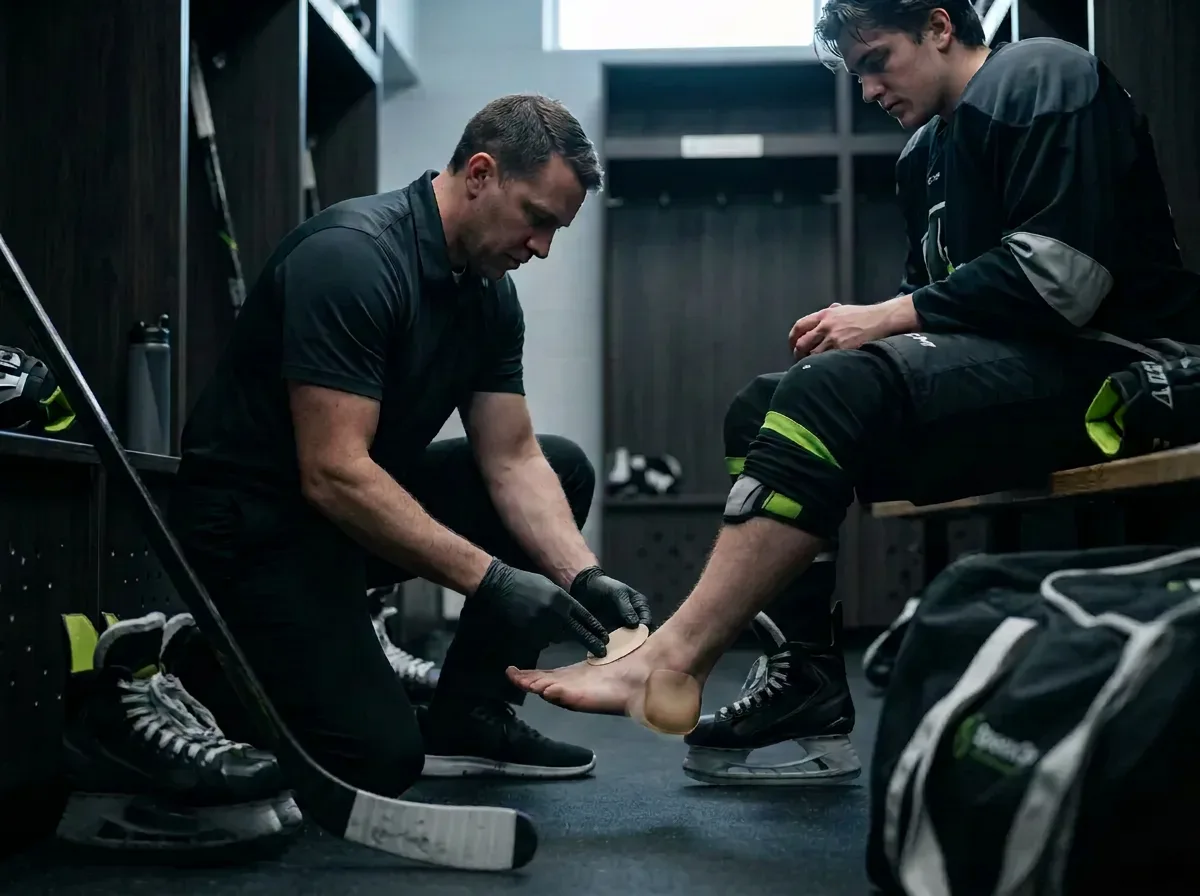 Athletic trainer applying an oval moleskin patch to a hockey player's bare heel in a locker room