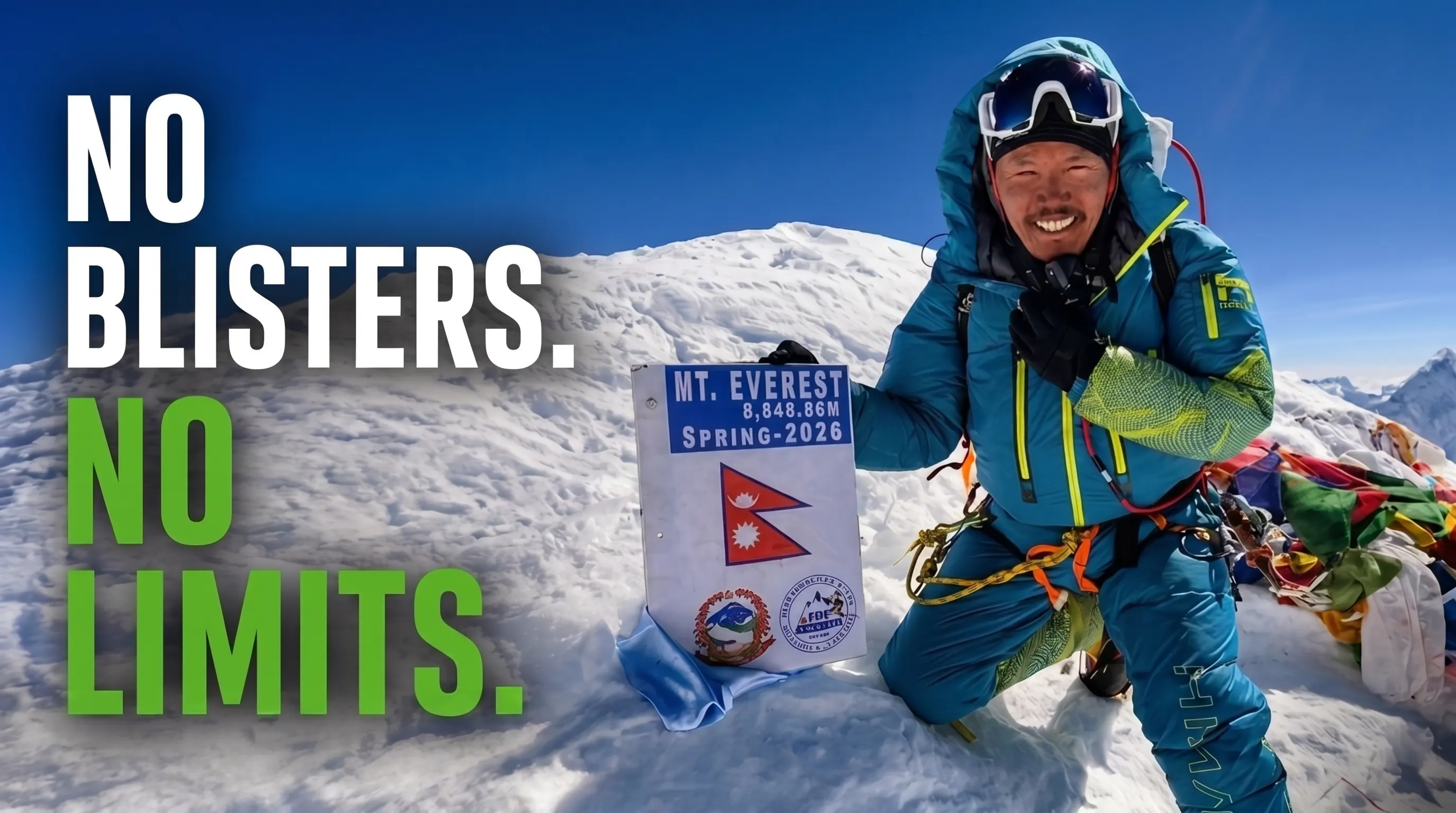 Tendi Sherpa at the Mount Everest summit with the SpecOps Biosciences No Blisters. No Limits. campaign message