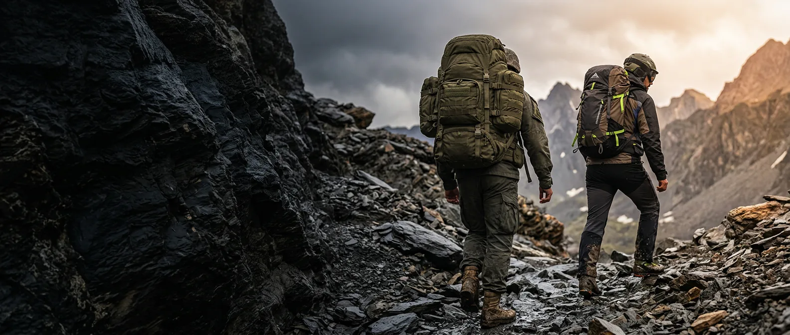 Rucker and alpine guide moving through rugged mountain terrain
