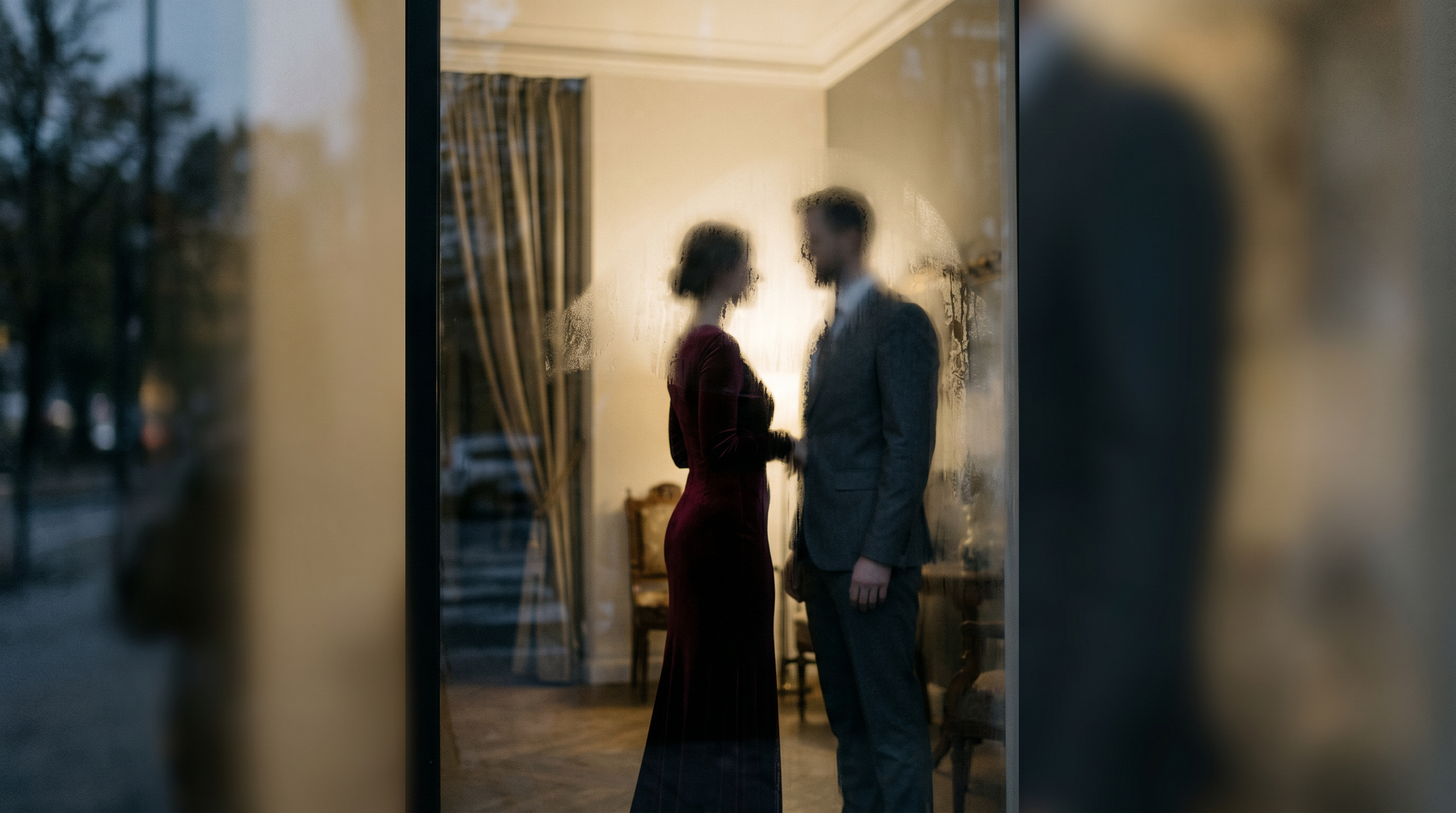 A couple in conversation, seen through frosted glass — she in burgundy, he in charcoal grey.
