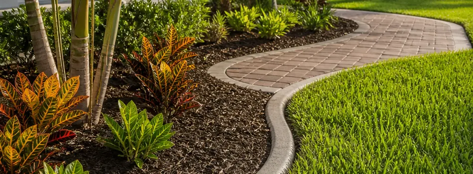 Gray concrete curbing bordering a curved paver walkway between a mulched croton and palm bed and a green lawn