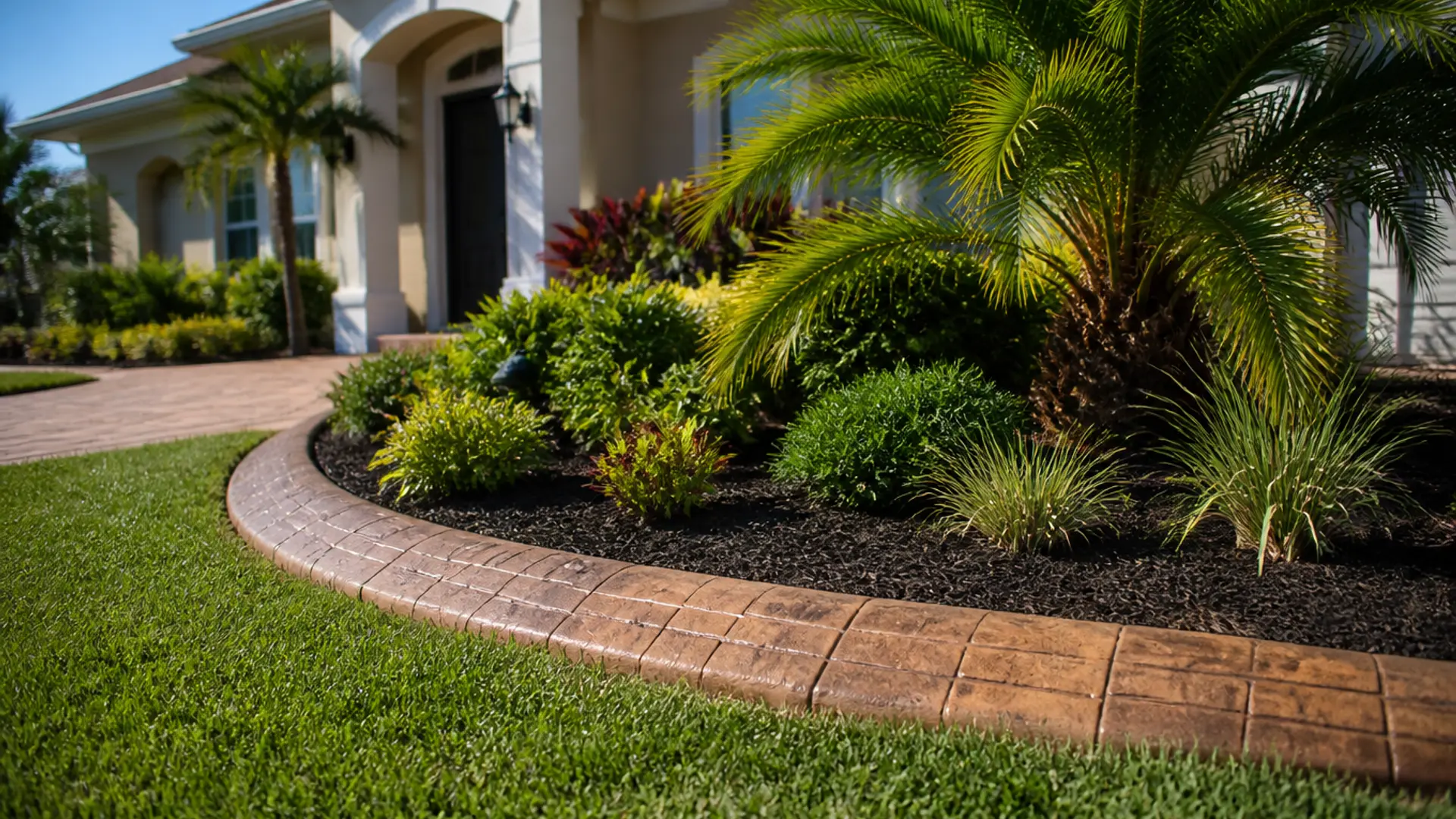 Brick-pattern stamped concrete curbing curving between a green lawn and a mulched garden bed with palms and shrubs in front of a Florida home