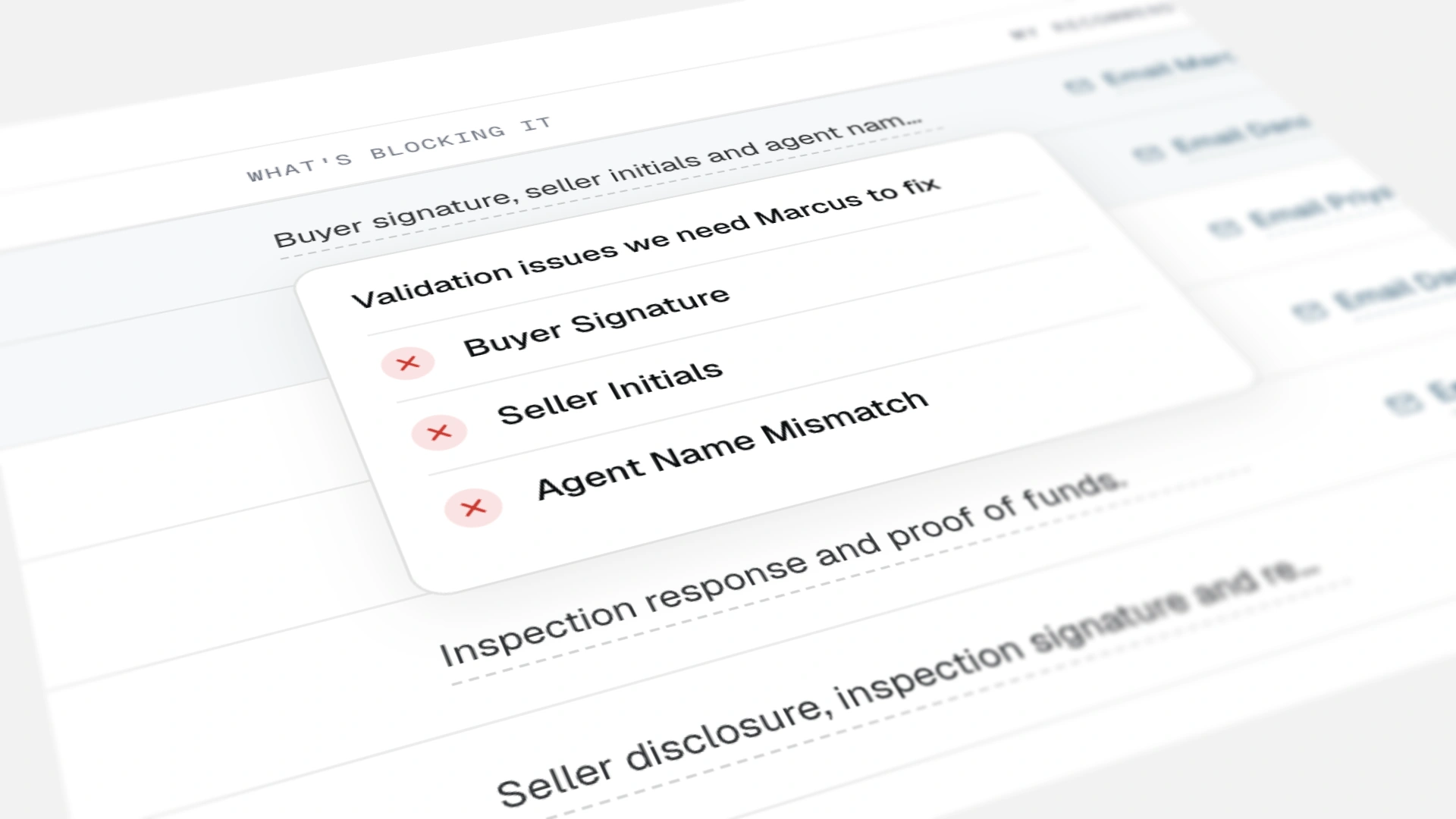 Joymore compliance dashboard for Cascade Properties — per-transaction checklist across intake, agency, and purchase-contract sections with passing and failing statuses