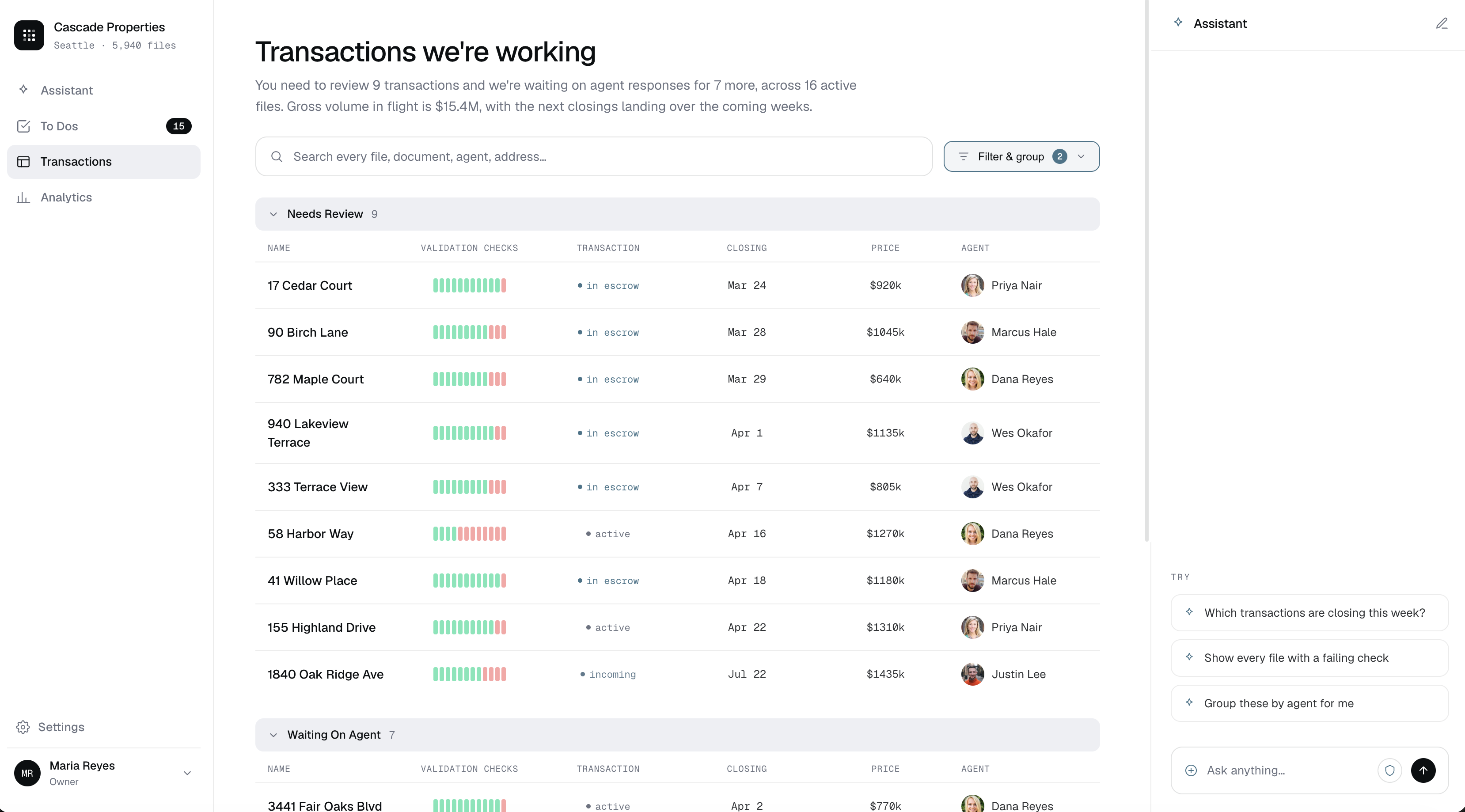 Joymore transactions dashboard — active files grouped by status with validation checks, closing dates, and real estate agents