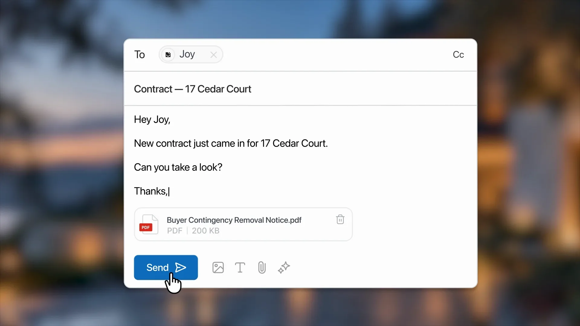 Email to Joy about a new contract for 17 Cedar Court