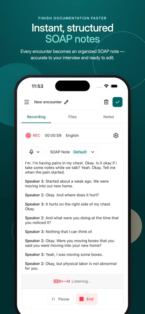 Pippen mobile app recording and structured SOAP note workflow