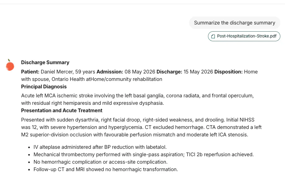 Pippen summarizing a hypothetical post-hospitalization discharge summary added as context