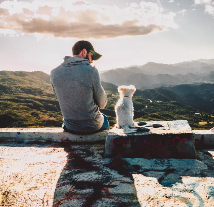 A person and their dog sitting together and looking across a mountain landscape