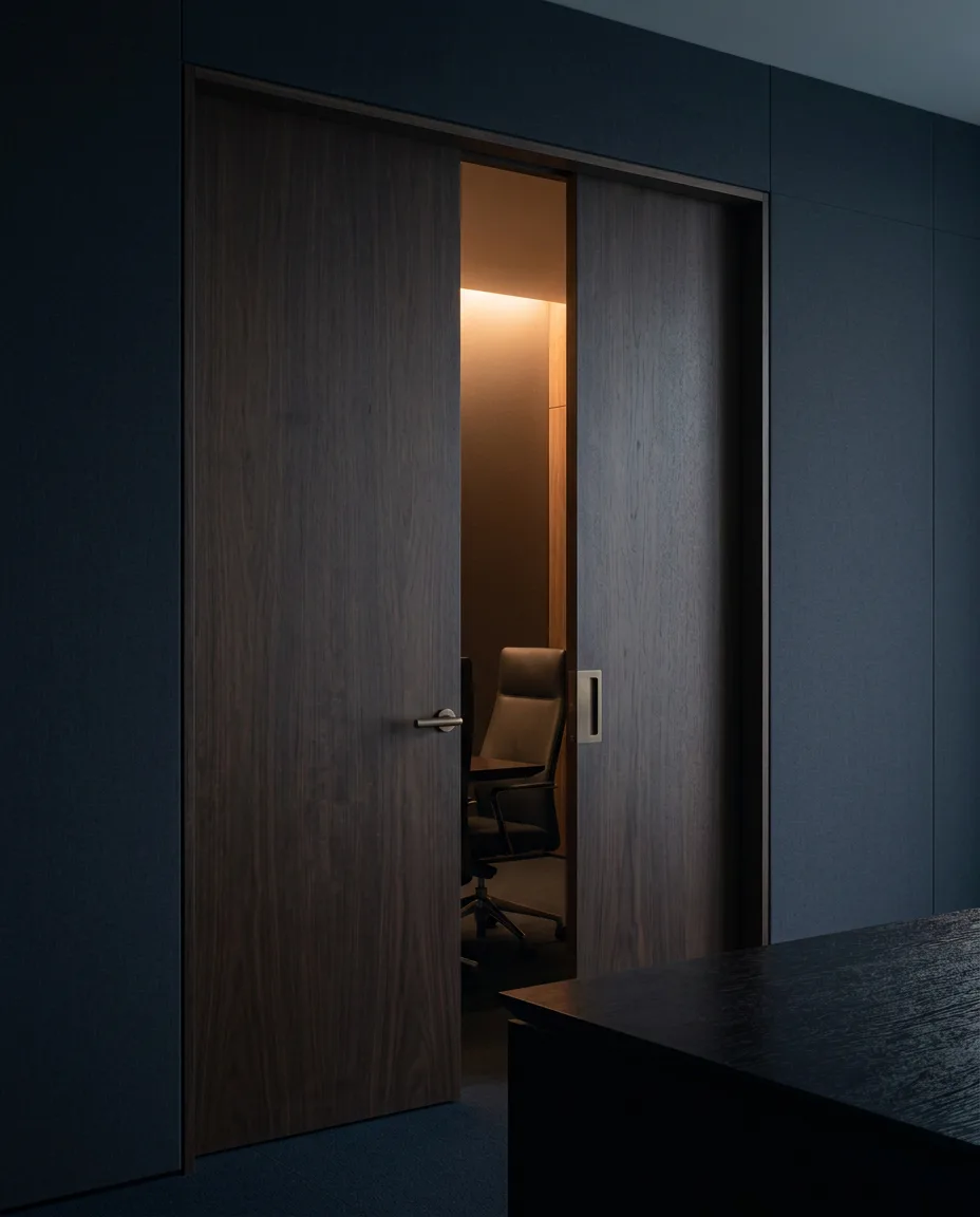 Dark walnut doors opening into a private meeting room