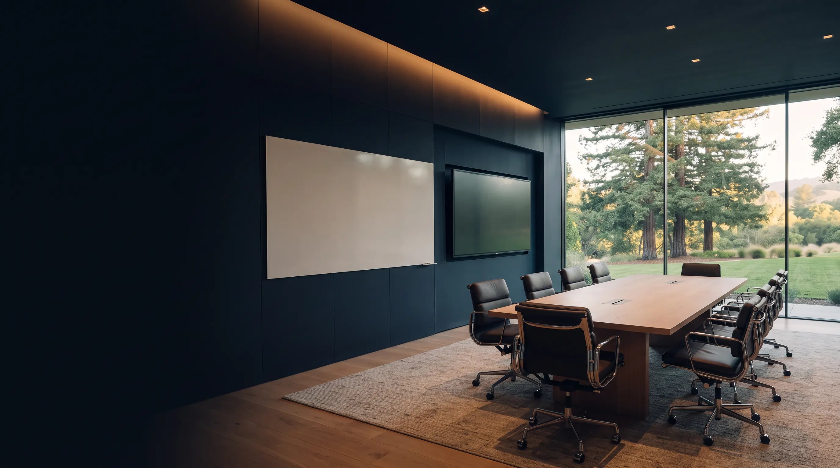 A private Silicon Valley working boardroom with a whiteboard, presentation display, and tree-lined Peninsula landscape