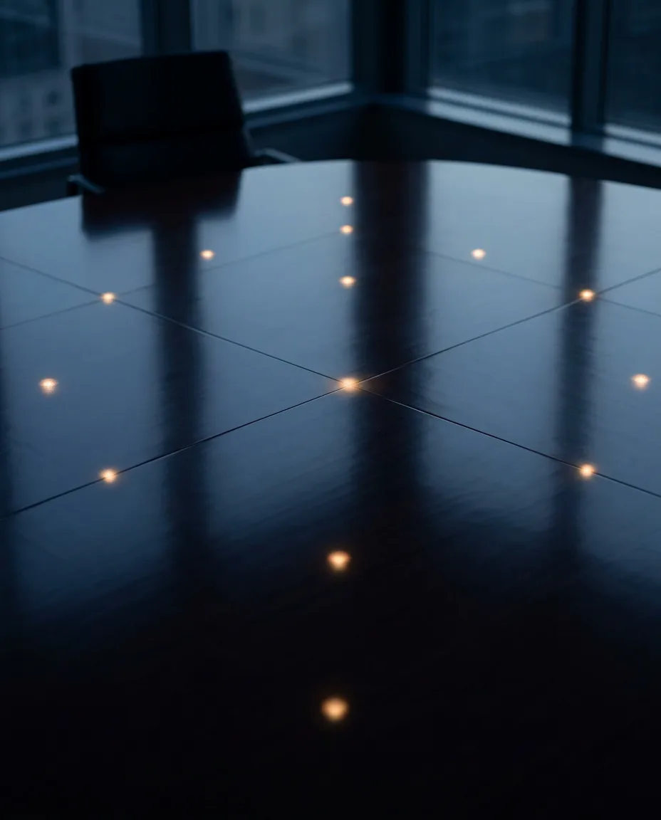 Warm lights reflected across a dark boardroom table