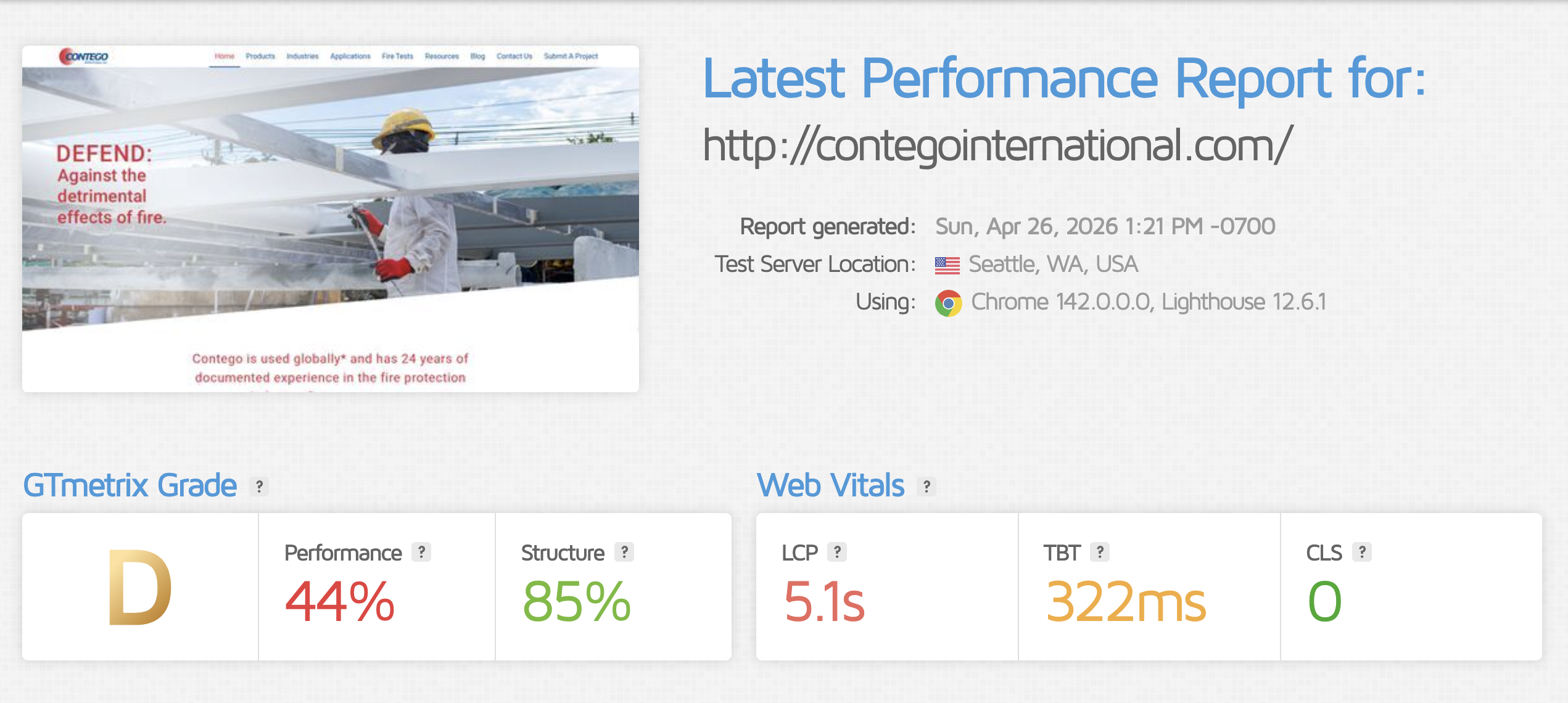 Old Contego site GTmetrix report: D grade, 44% performance, 5.1s load