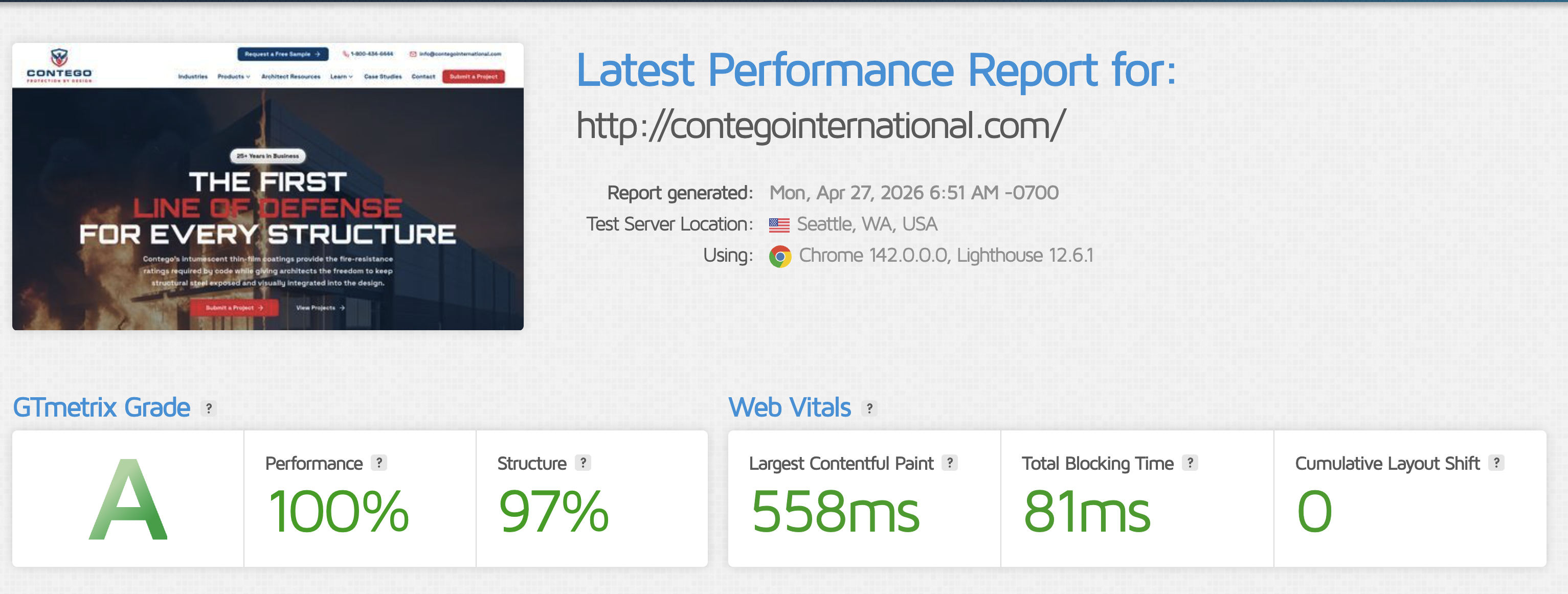 Rebuilt Contego site GTmetrix report: A grade, 100% performance, 558ms load