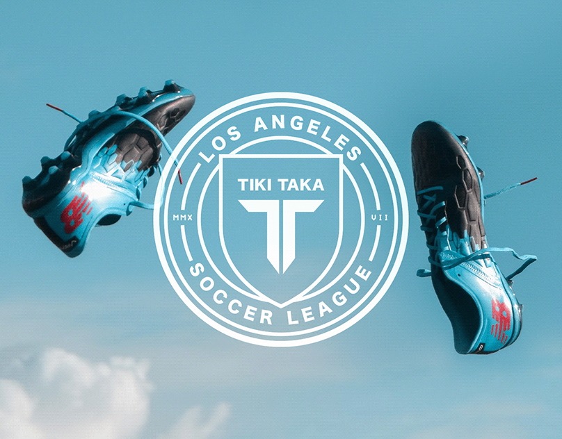 Tiki Taka LA soccer league crest over flying cleats