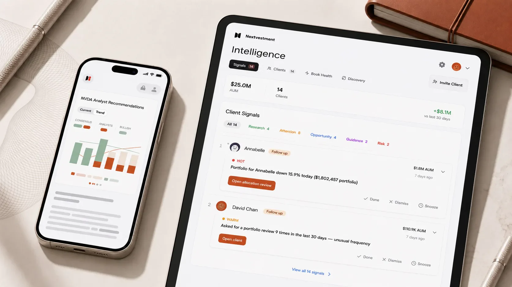 Nextvestment investment research experience alongside the advisor Intelligence dashboard and client signals.