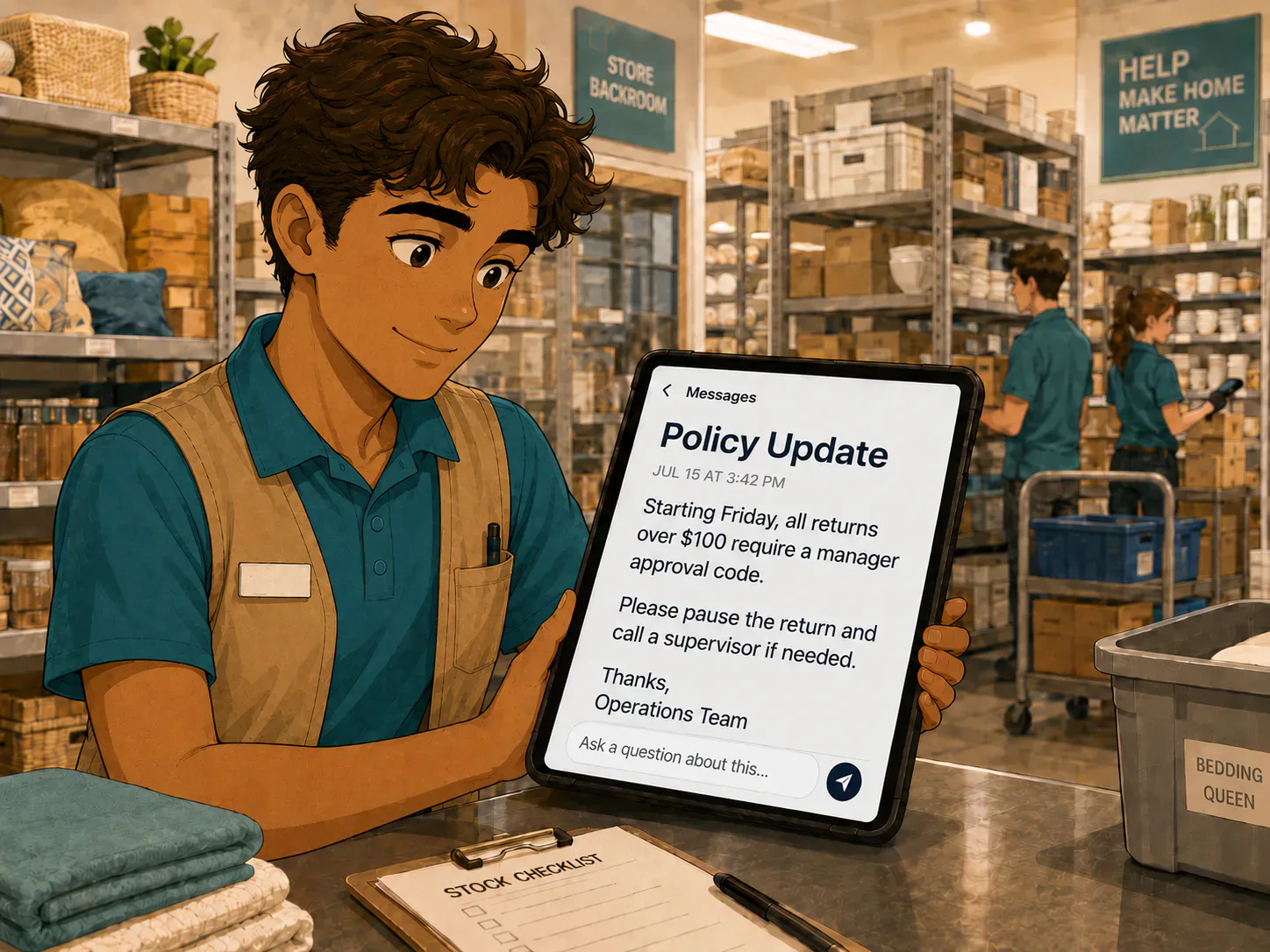 Retail worker viewing an OnKey policy update on a shared tablet